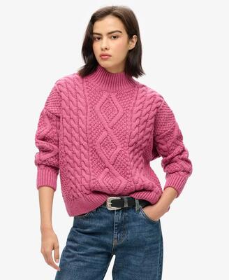 Superdry aran kabelgebreide polo trui – papaya pink