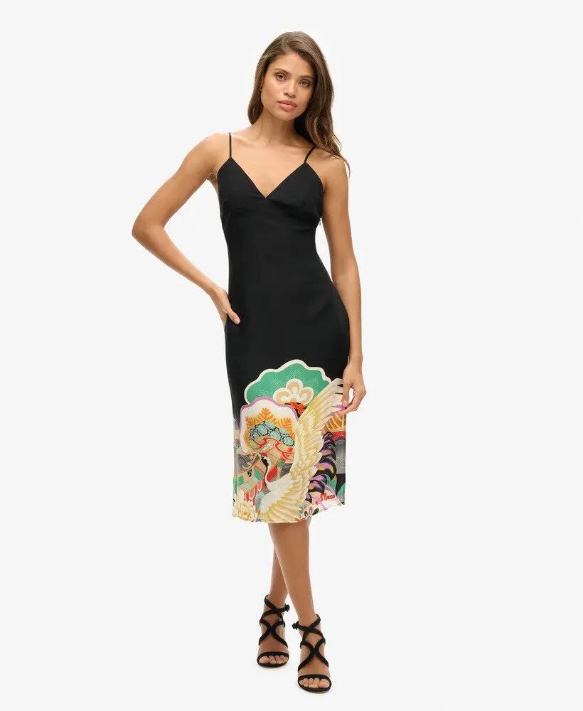 superdry Vestido slip midi estampado em cupro-viscose – BLACK FUNETOTSURU 2/7