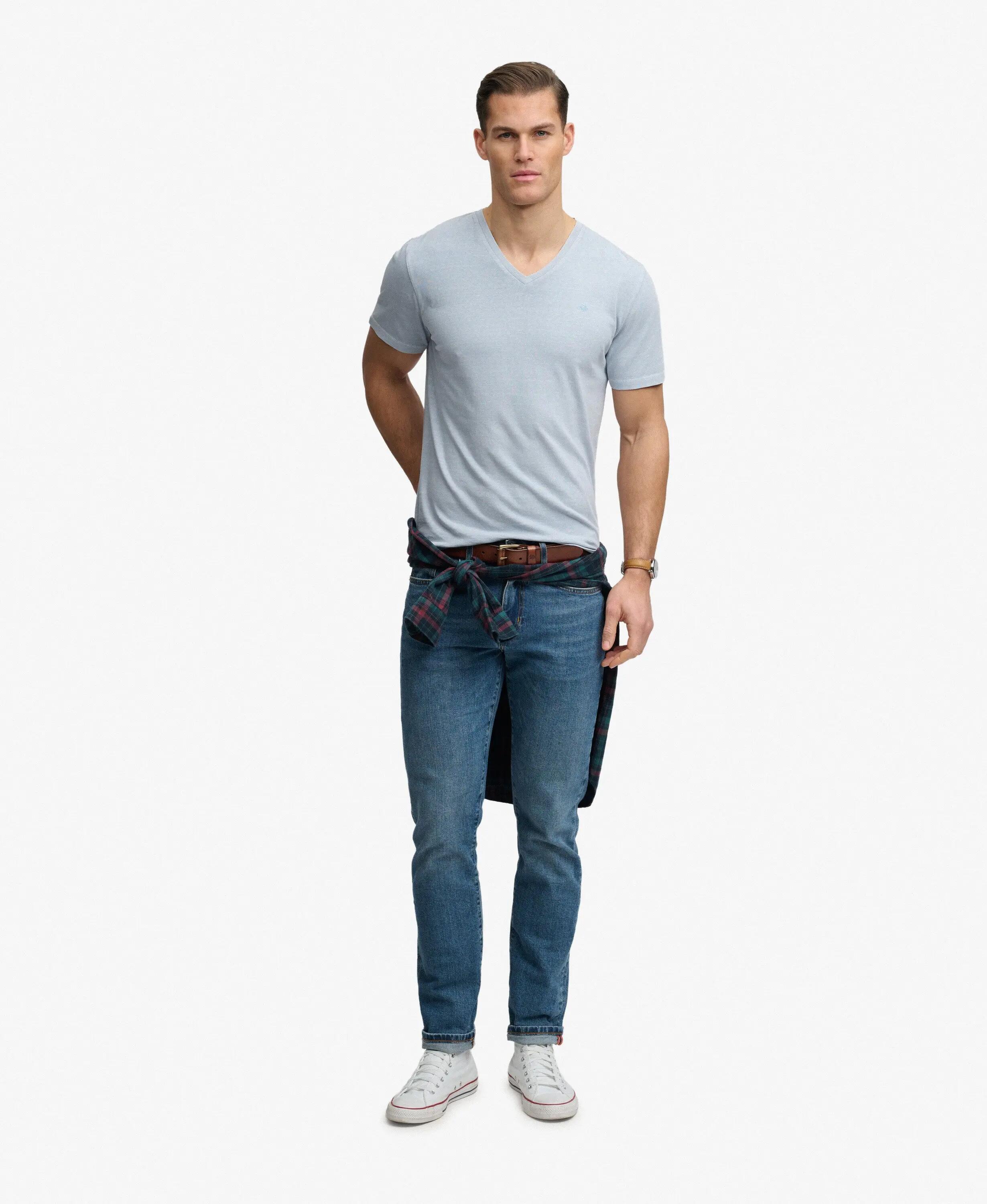 superdry Męska koszulka V-neck z bawełny i lnu, relaxed fit – Slip Blue 3/7