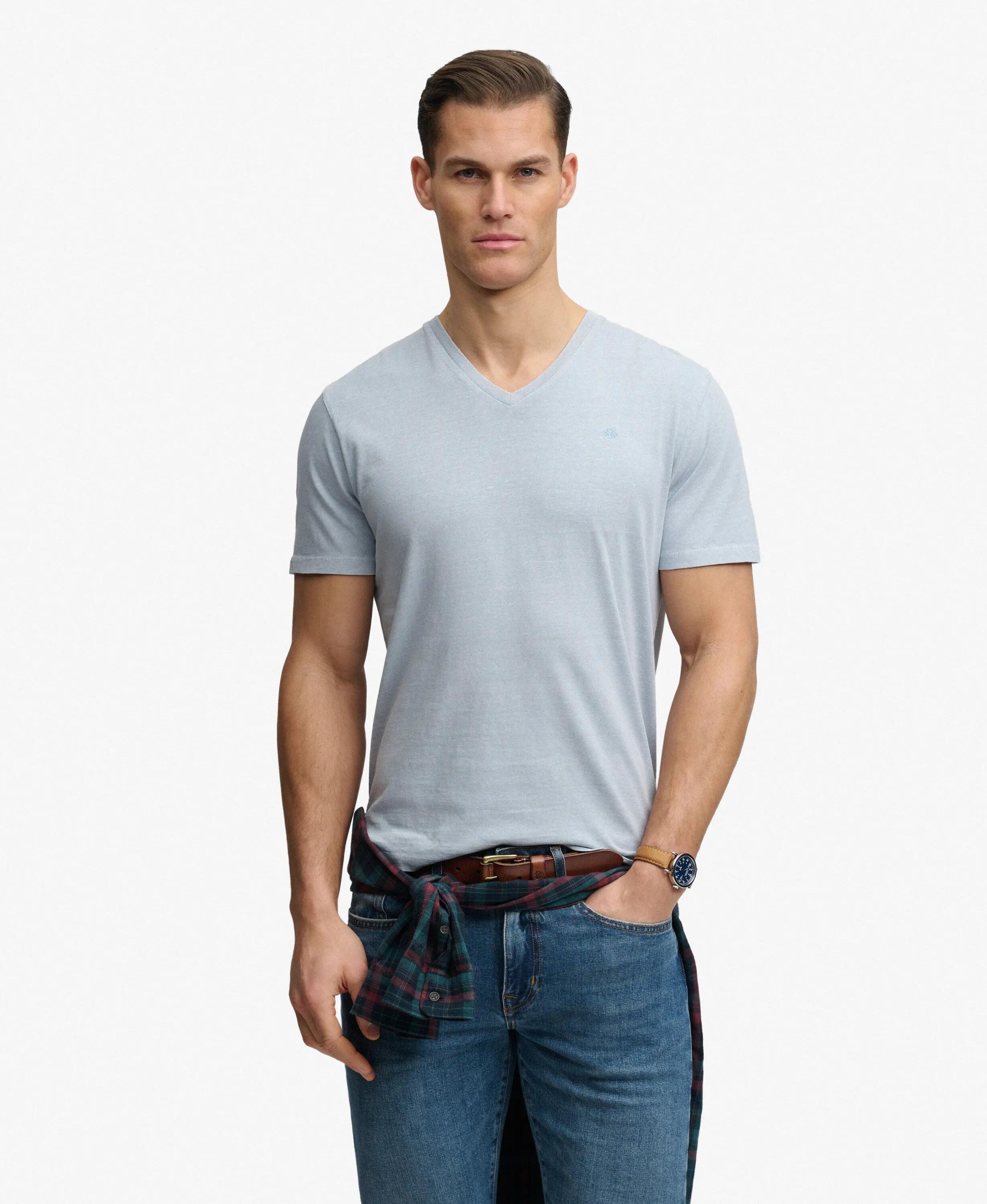superdry Męska koszulka V-neck z bawełny i lnu, relaxed fit – Slip Blue 2/7