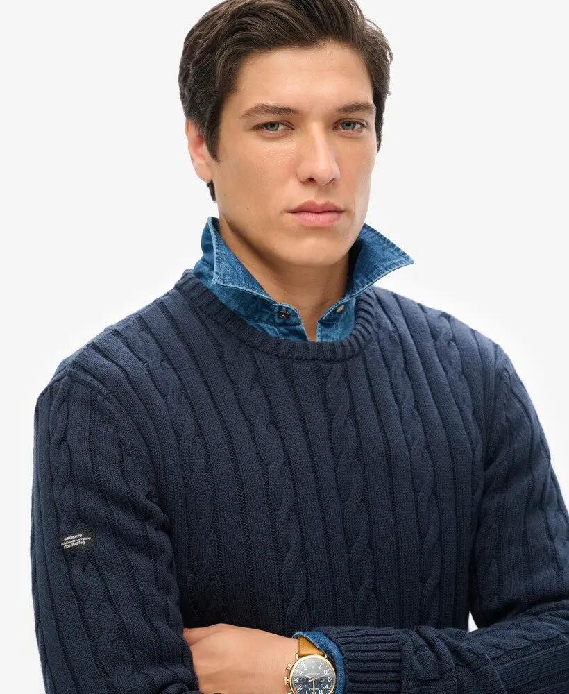 superdry Maglione girocollo a trecce in cotone biologico – NAVY 3/6