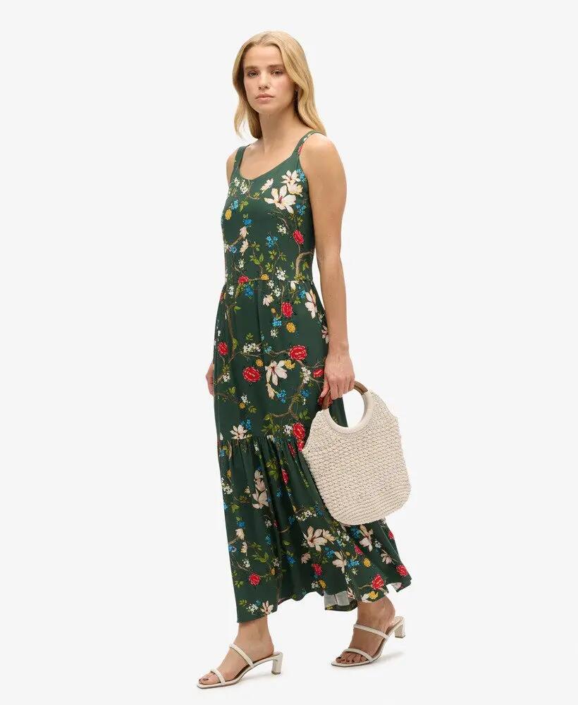 superdry Gewebtes Maxikleid mit Stufenrock – Blossom Birds Green 3/7