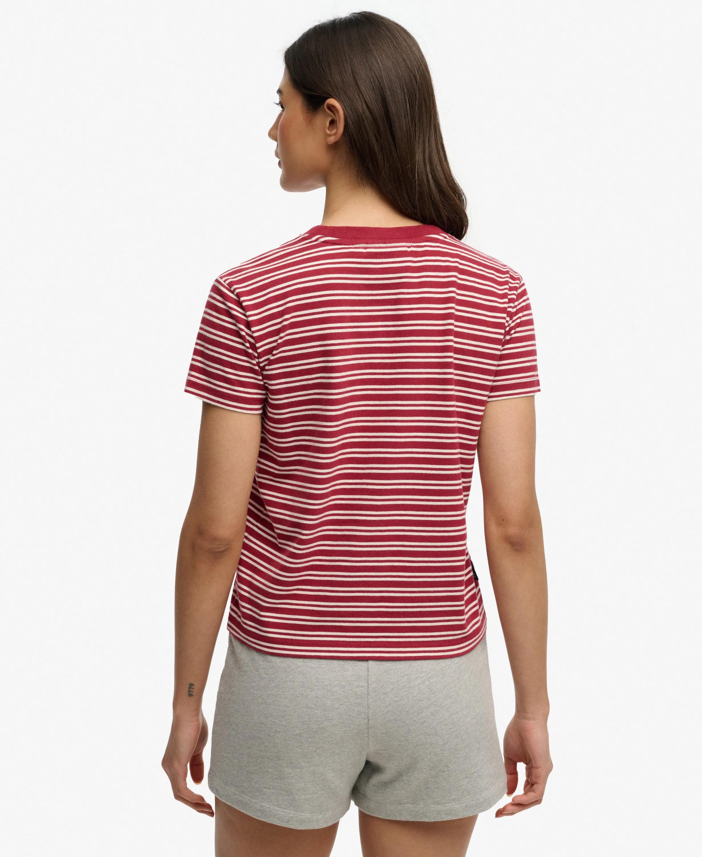 superdry Camiseta ajustada de rayas con logo Essential – Bordeaux Red Stripe 5/6