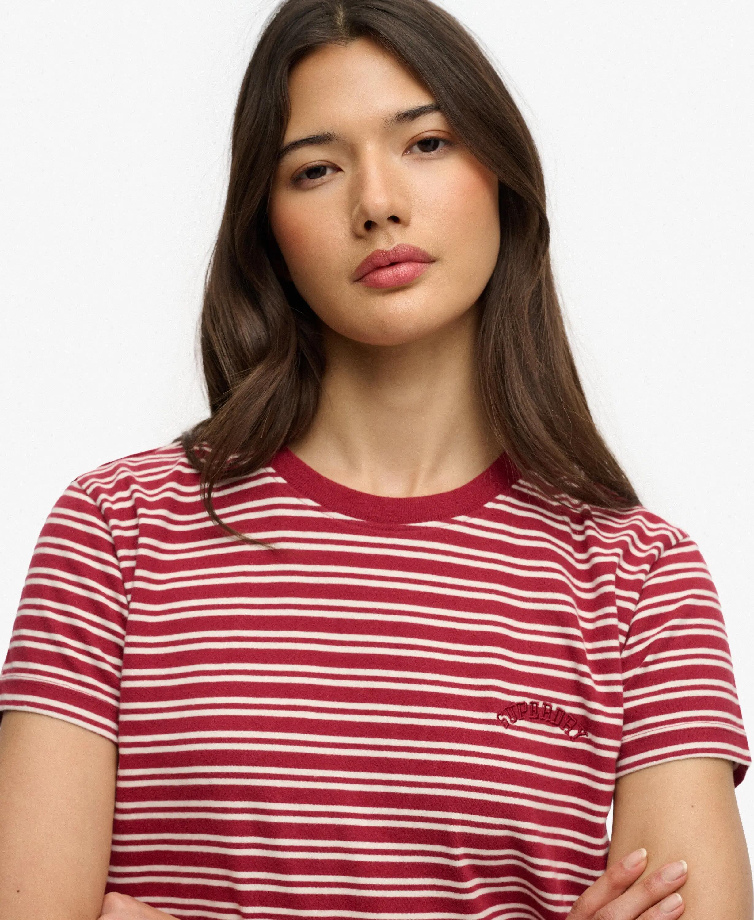 superdry Camiseta ajustada de rayas con logo Essential – Bordeaux Red Stripe 4/6