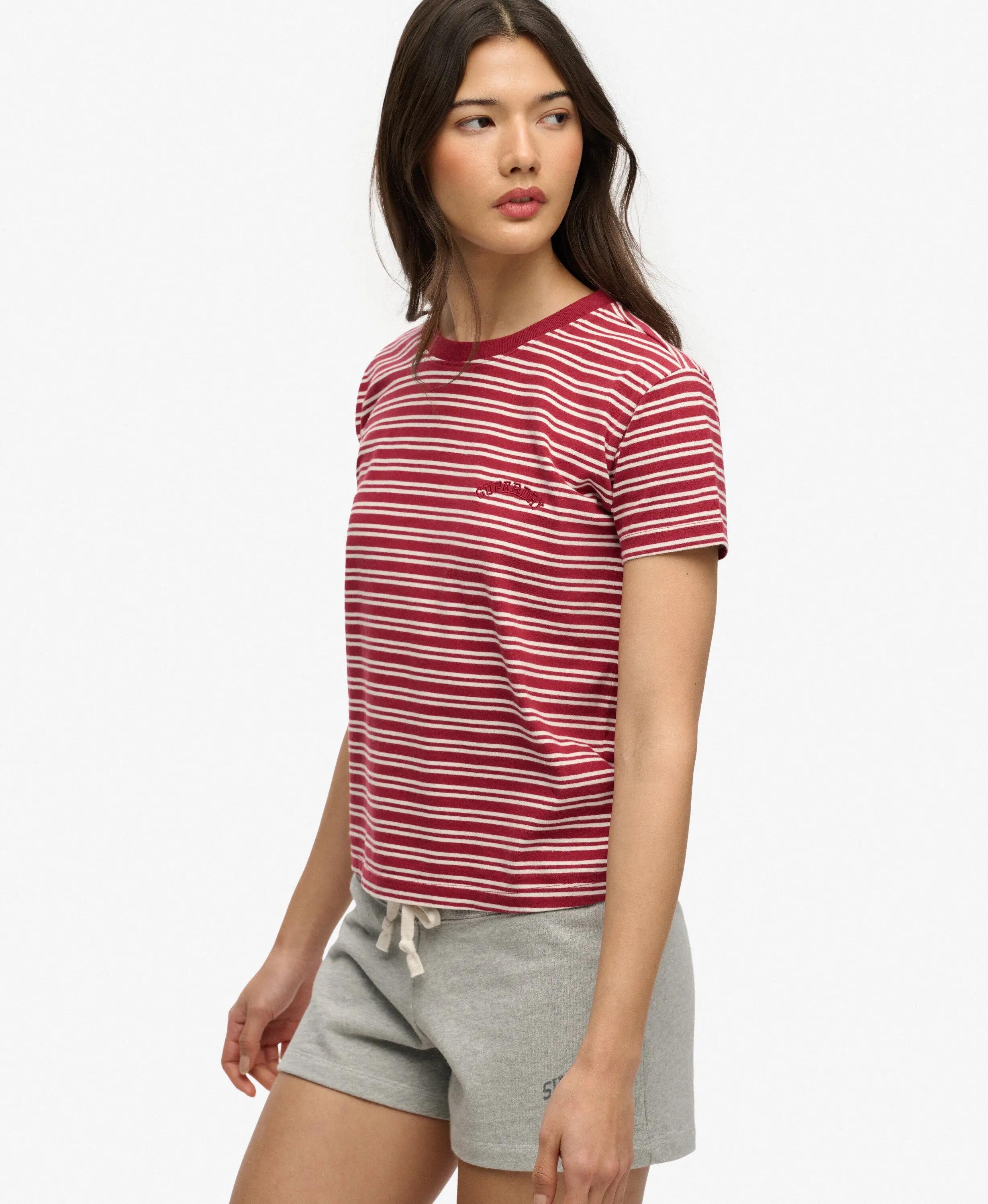 superdry Camiseta ajustada de rayas con logo Essential – Bordeaux Red Stripe 2/6