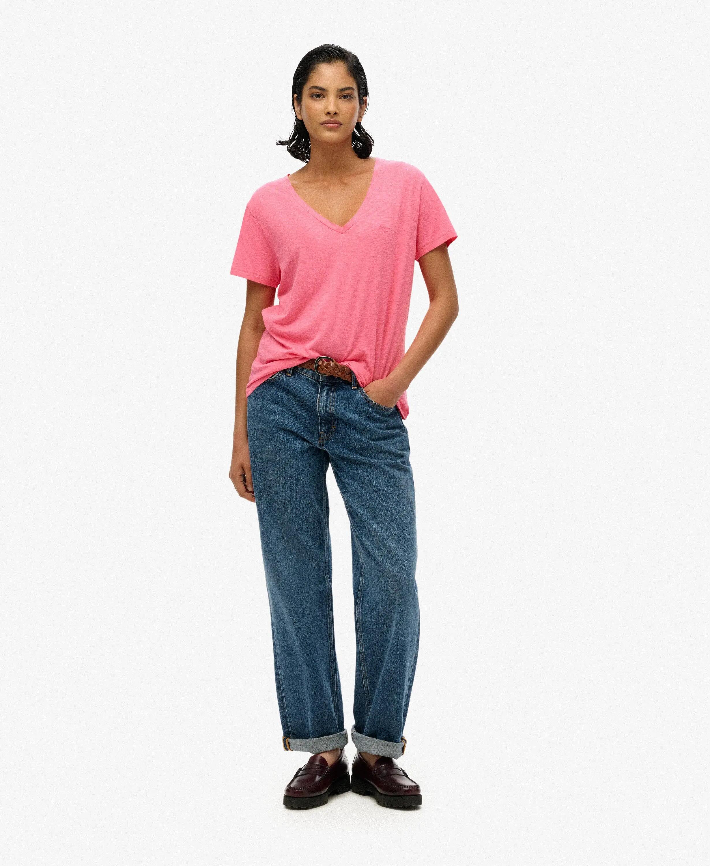 superdry T-shirt femme Col V brodée en slub – Azalea Pink 2/5