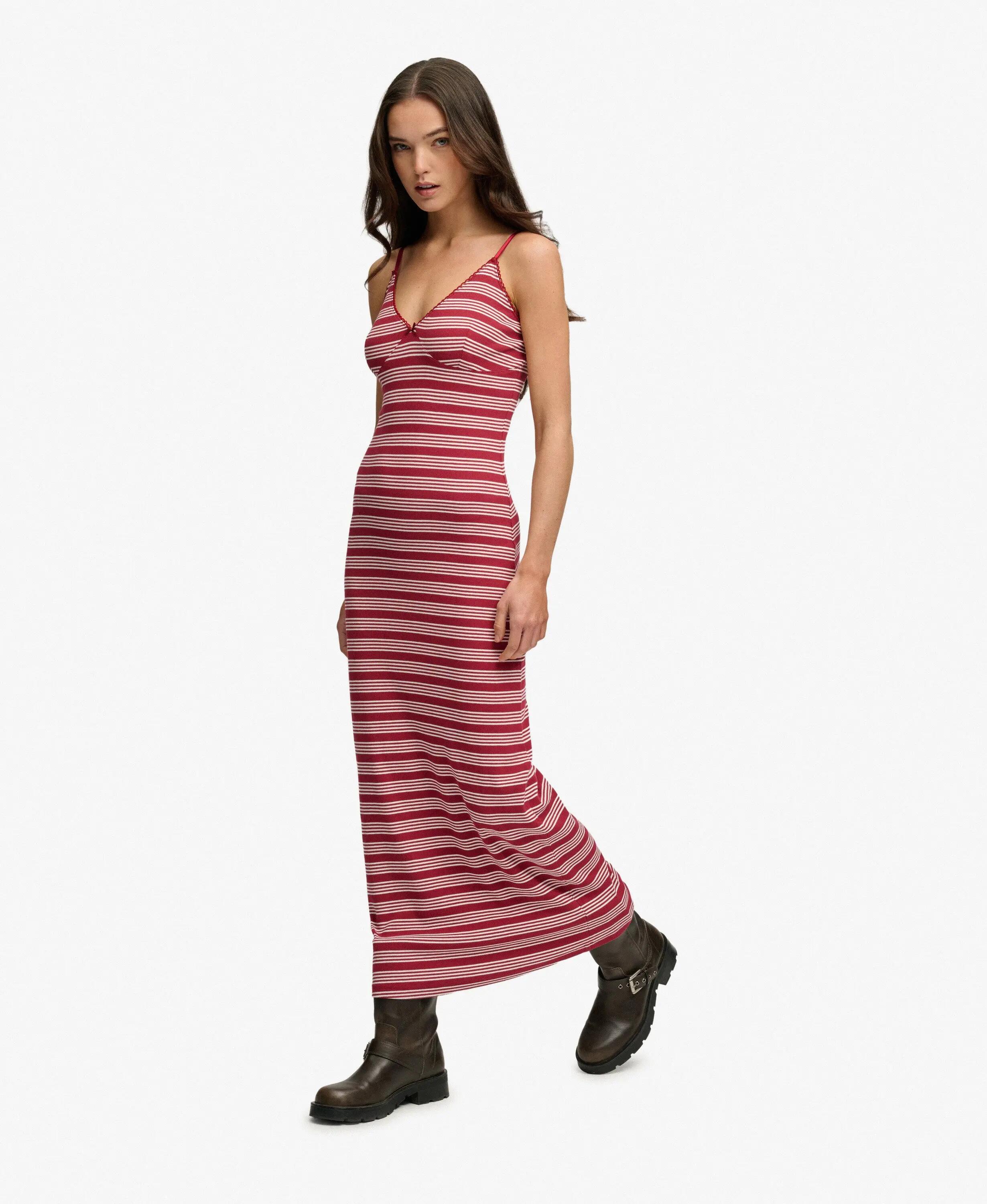 superdry Vestido maxi em jersey canelado com riscas – Bordeaux Red Stripe 3/7