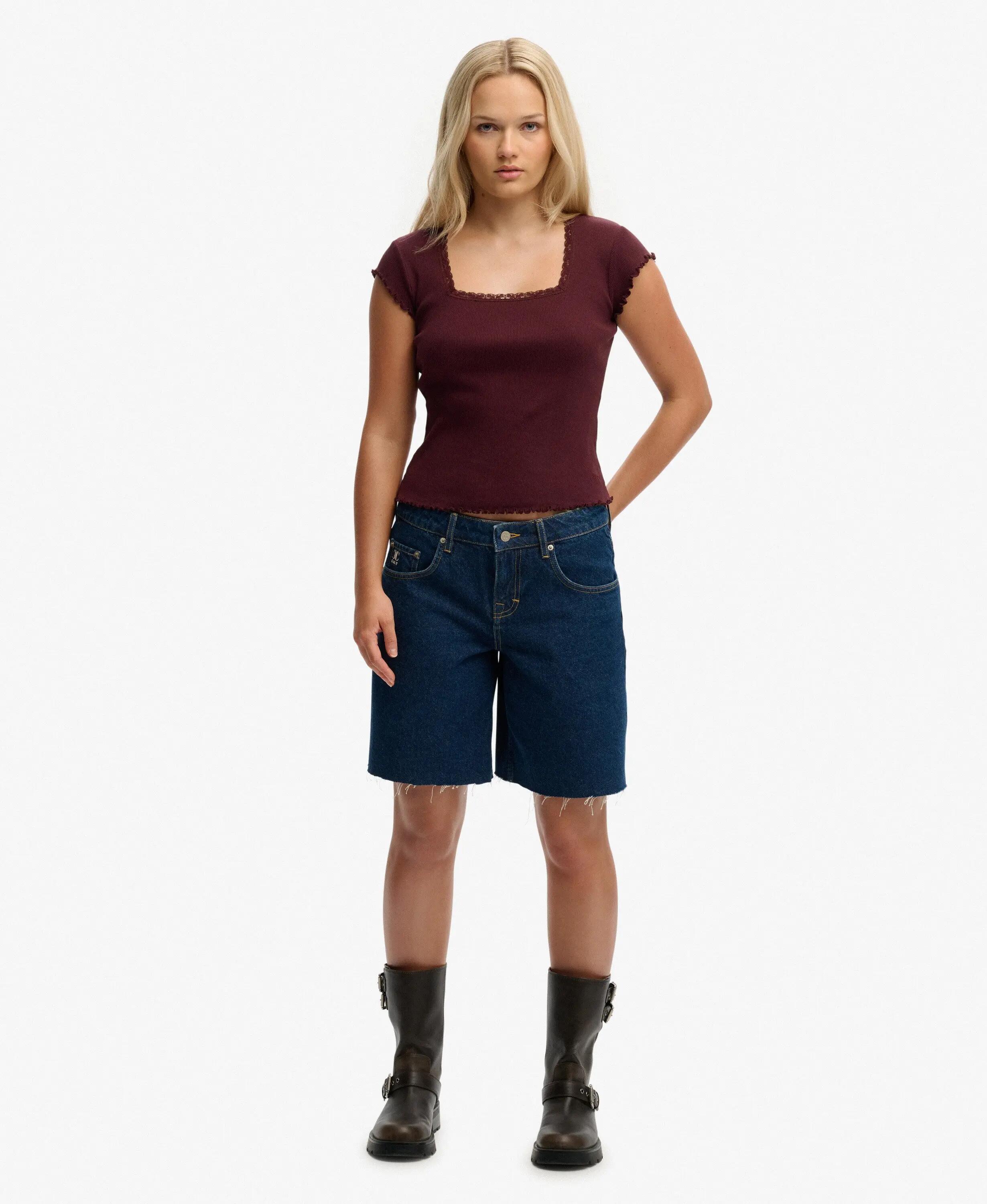 superdry Koszulka Damska Okrągły Dekolt Square Neck Bawełna Eco – Port Red 3/7