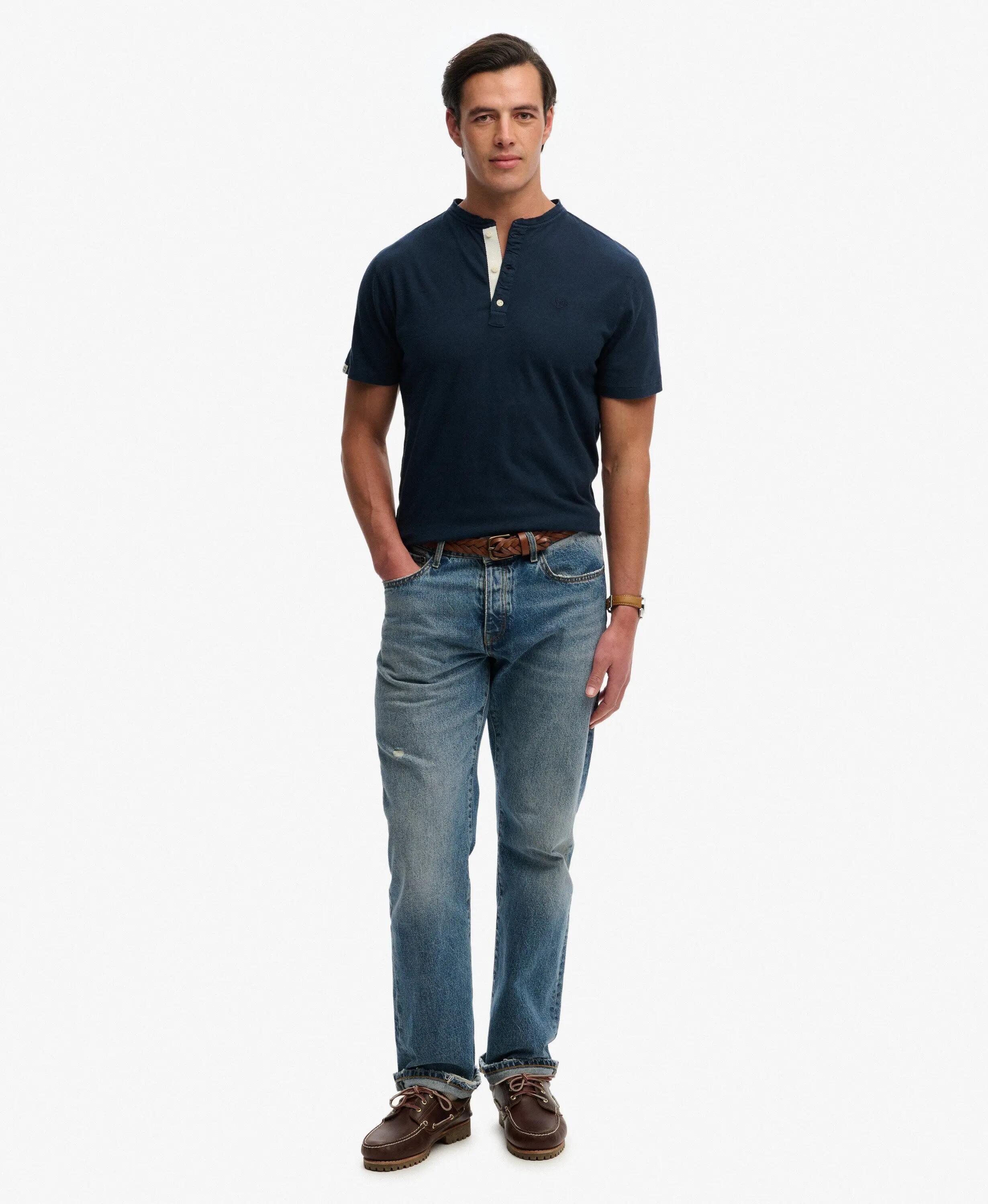 superdry T-shirt Henley manga curta algodão-linho – Nordic Chrome Navy 3/7