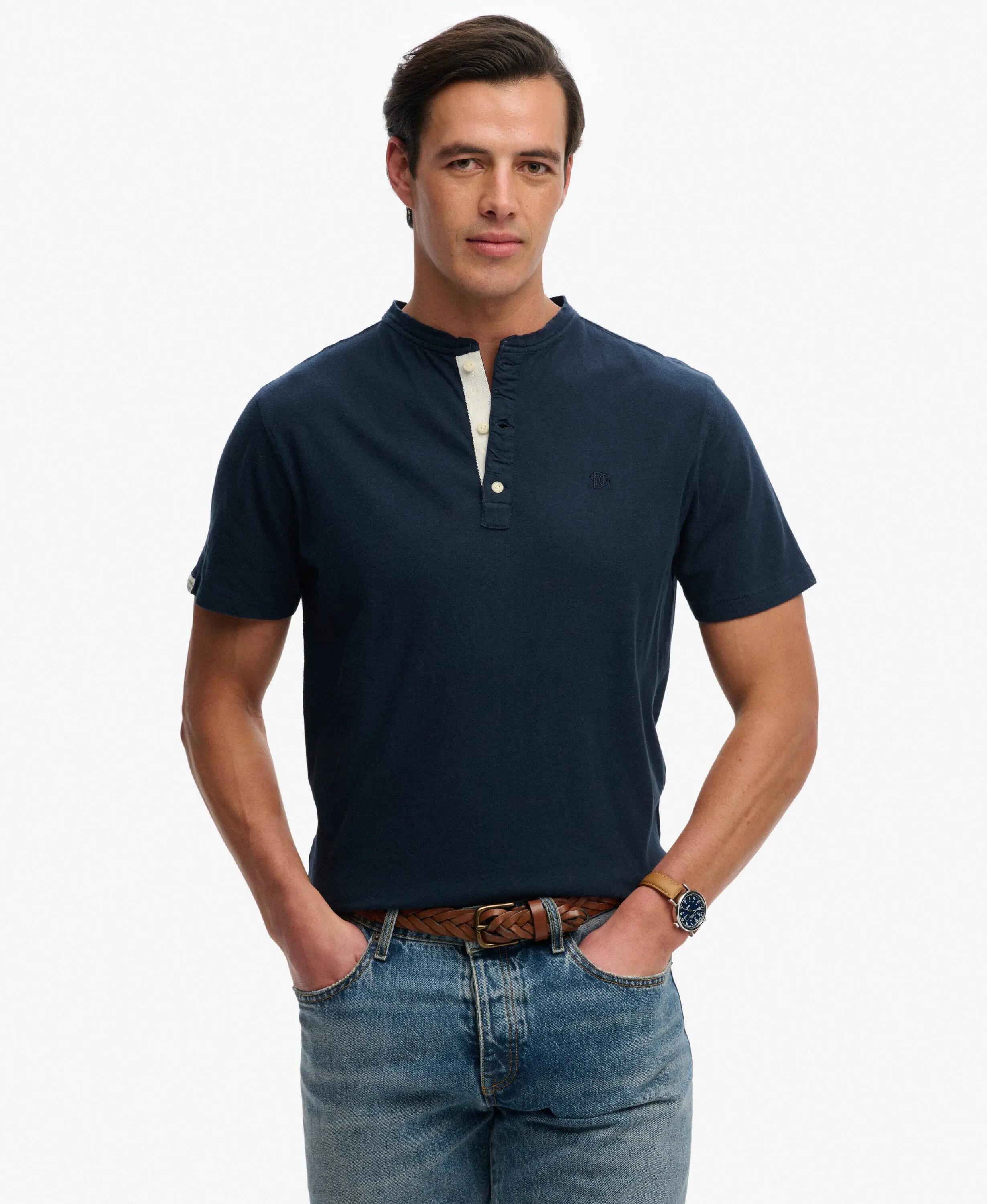 superdry T-shirt Henley manga curta algodão-linho – Nordic Chrome Navy 2/7