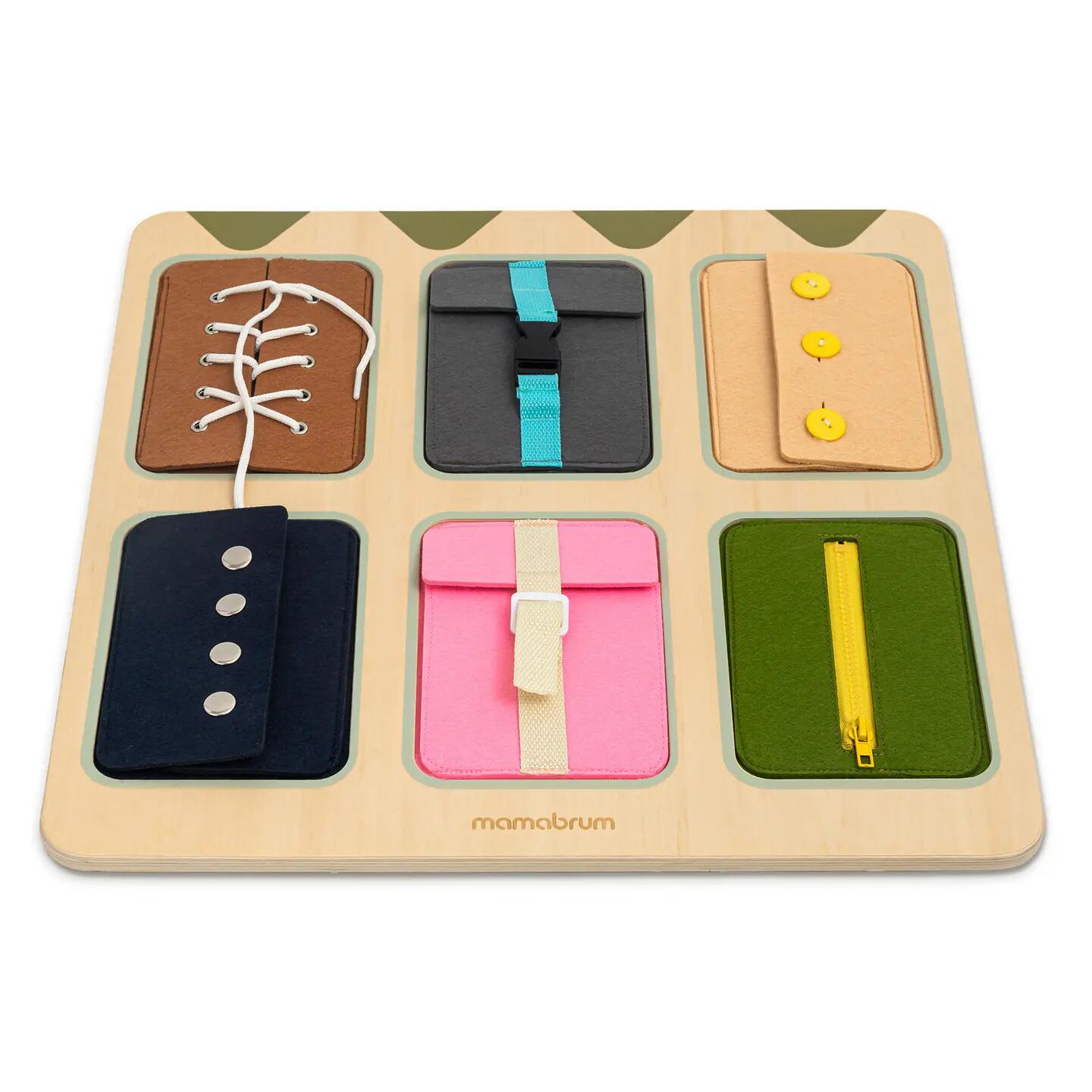 Tablica manipulacyjna dla dzieci Montessori, drewniana, 6 zapięć, 45 x 45 cm 11/14