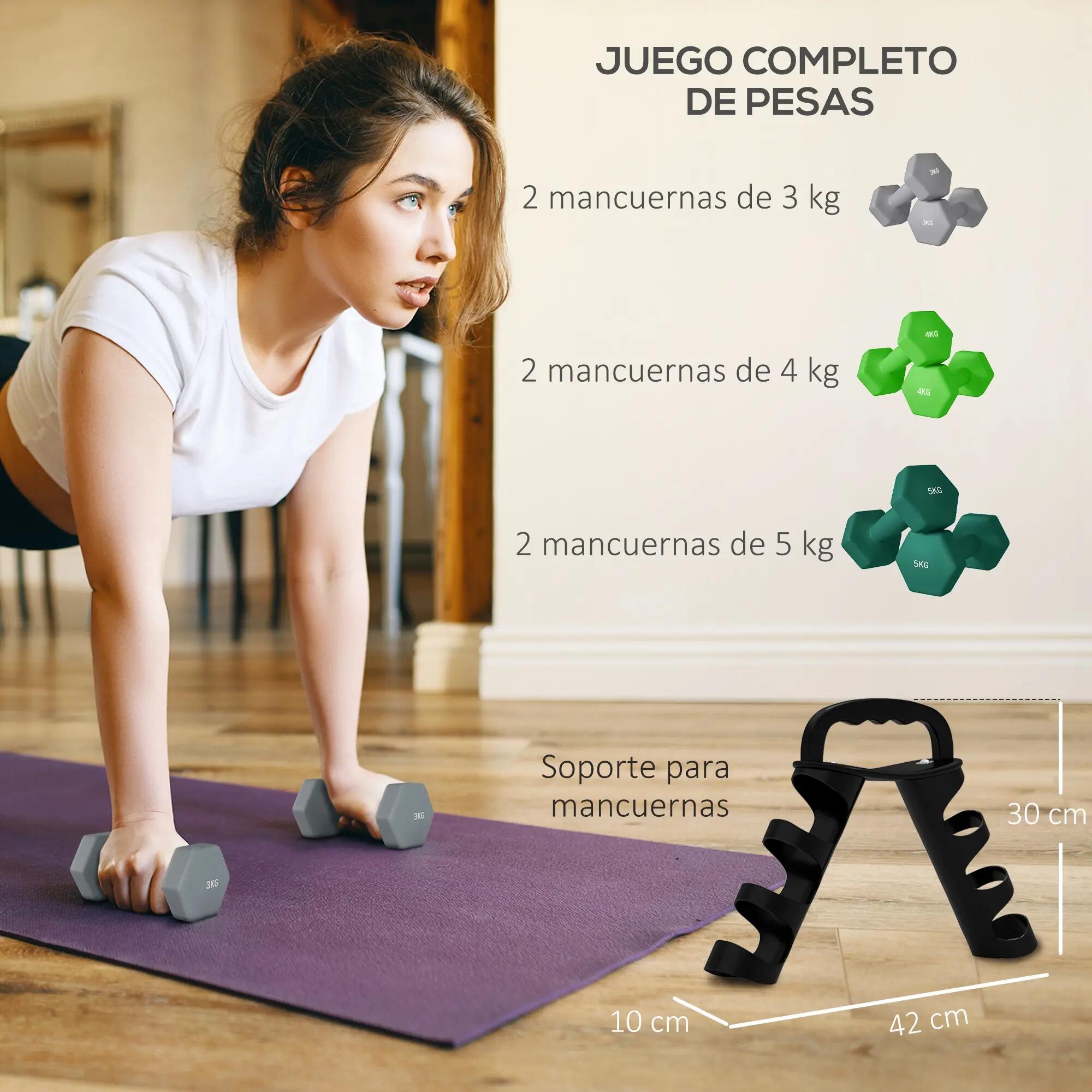Ensemble d'haltères (2 x 3 kg, 2 x 4 kg, 2 x 5 kg) avec support de rangement pou 6/9