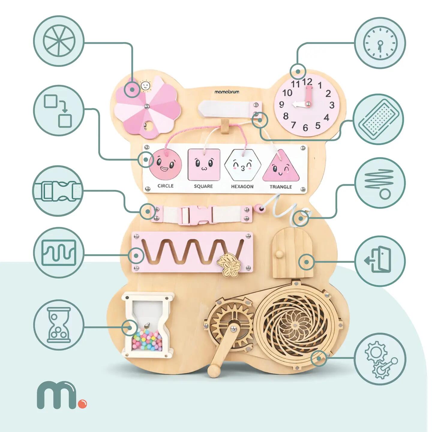 Tablica sensoryczna Montessori dziecięca drewniana z zegarem i labiryntem 8/13