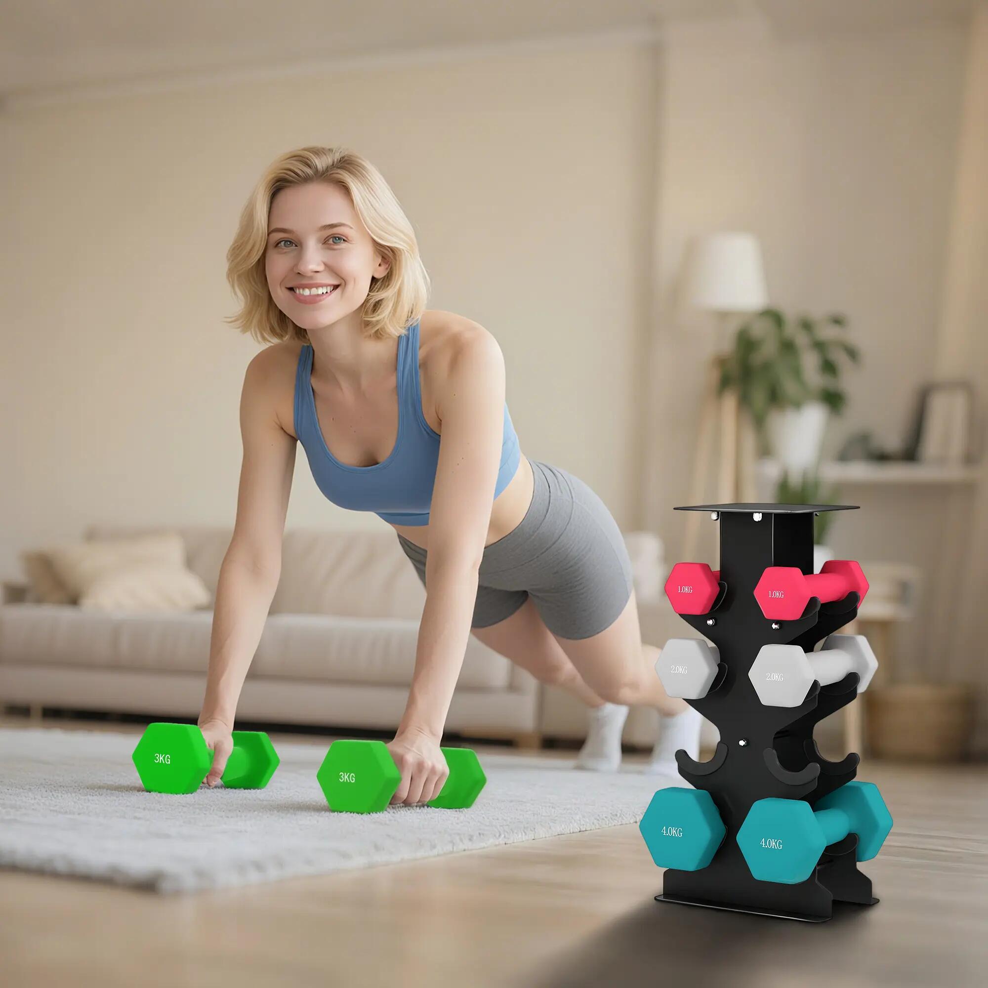 Ensemble de 8 haltères hexagonales antidérapantes avec support, en métal et plas 4/9
