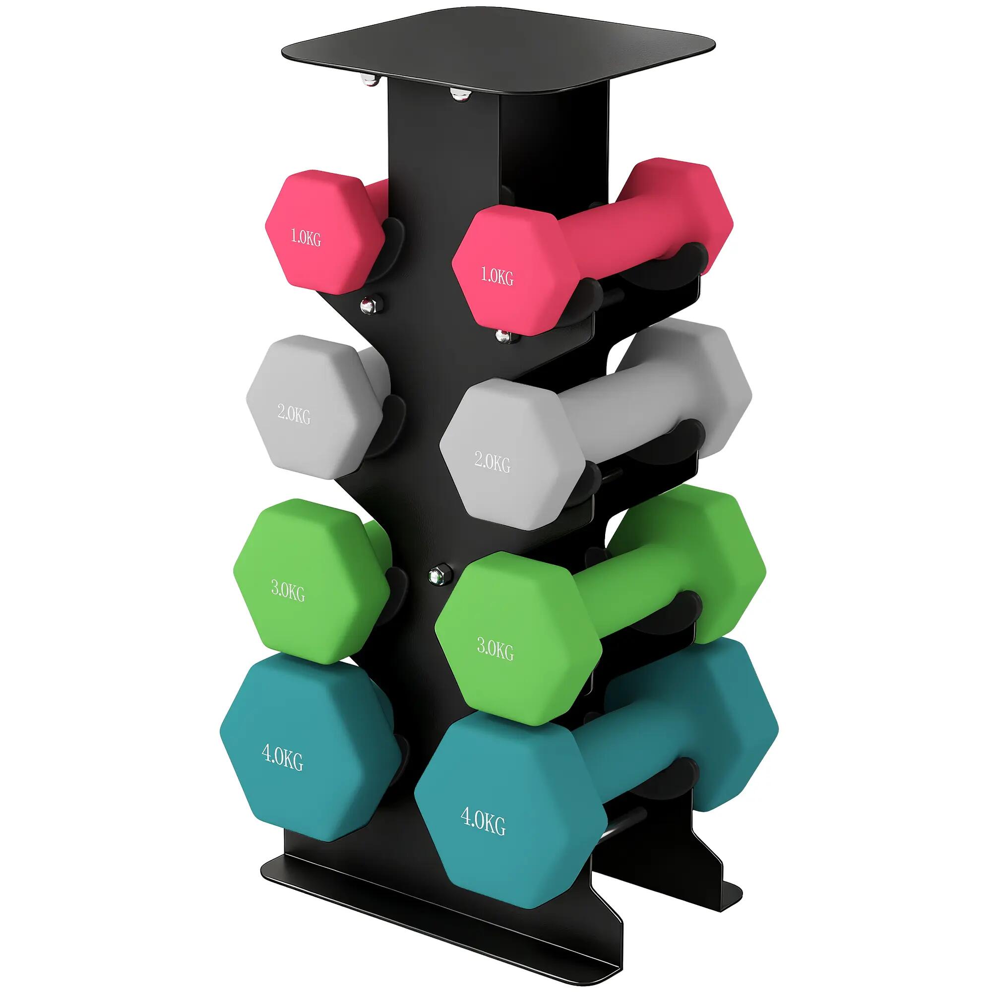 Ensemble de 8 haltères hexagonales antidérapantes avec support, en métal et plas 2/9