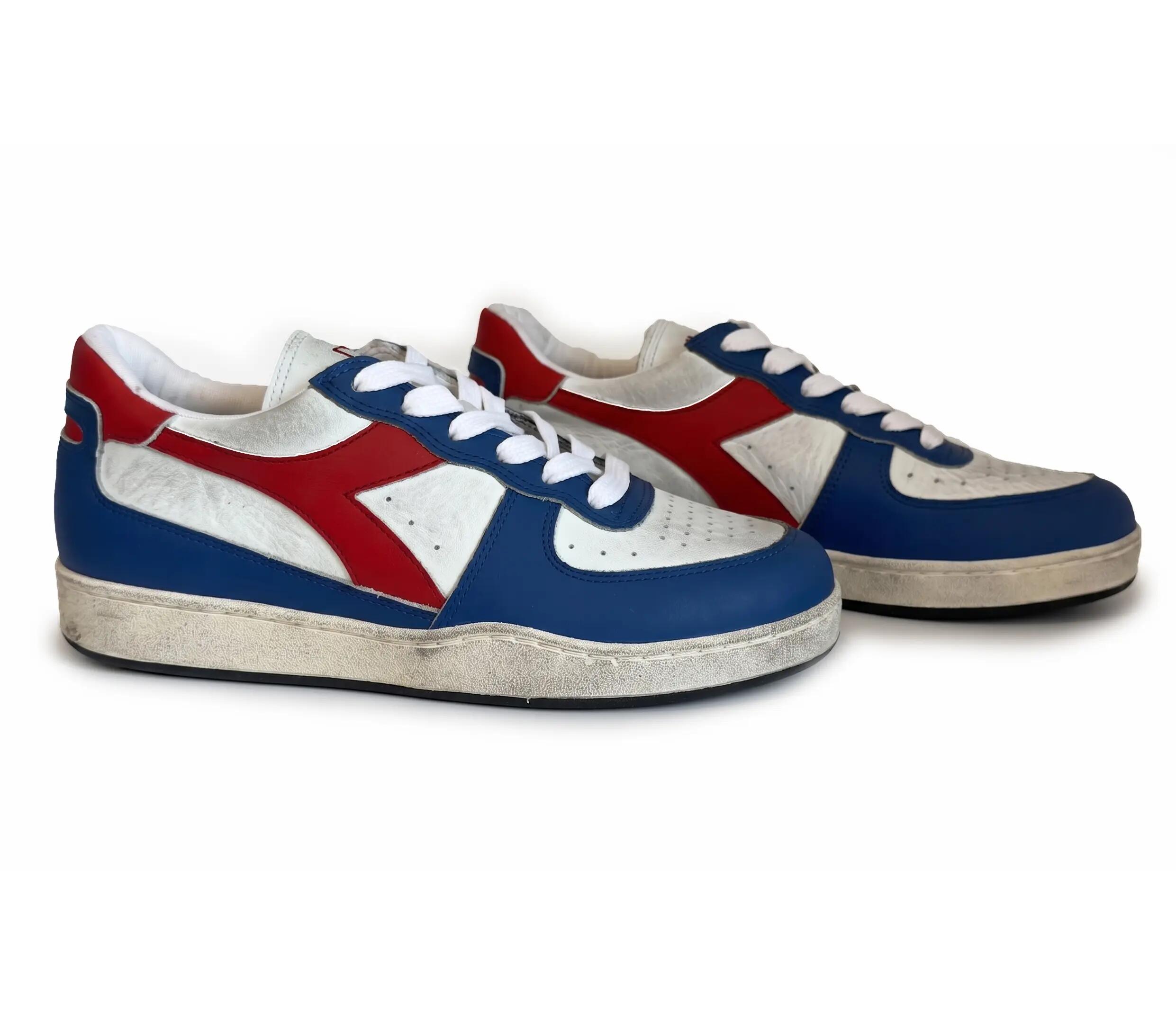 Dames Diadora Mi Basket Low Leren Vintage Sneakers - Wit/Blauw 3/5
