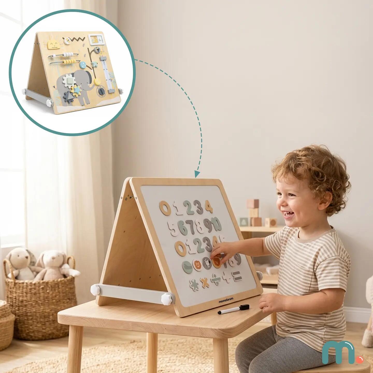 Tablica edukacyjna dla dzieci, dwustronna magnetyczna i sensoryczna 2w1 3/15