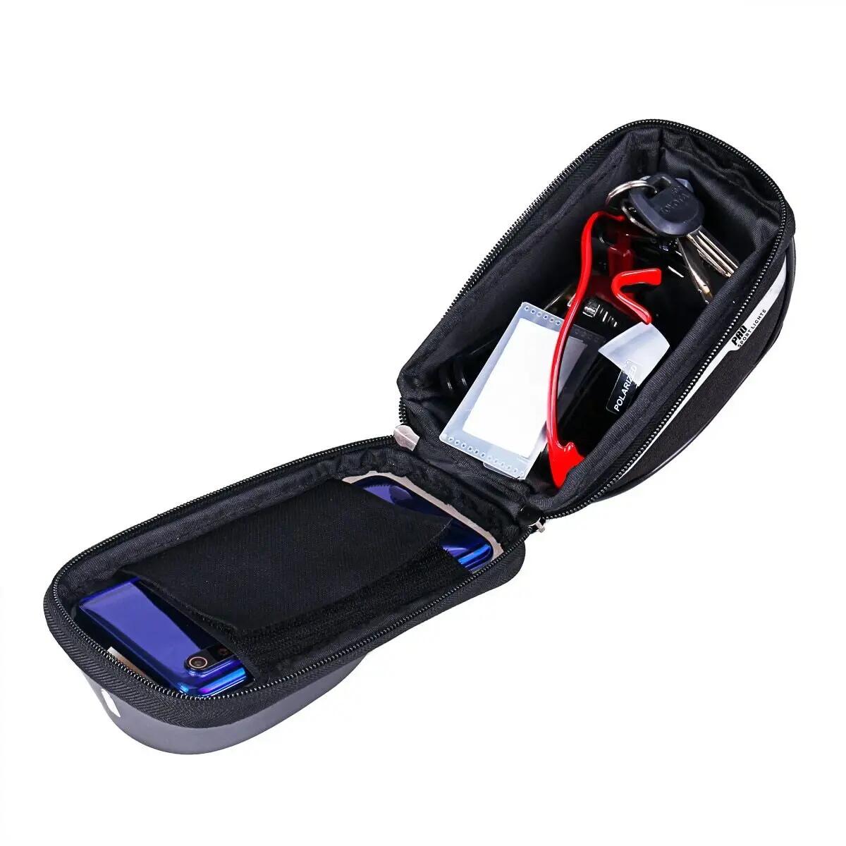 Alforja de manillar para bicicleta desmontable con soporte para el móvil negro 3/10