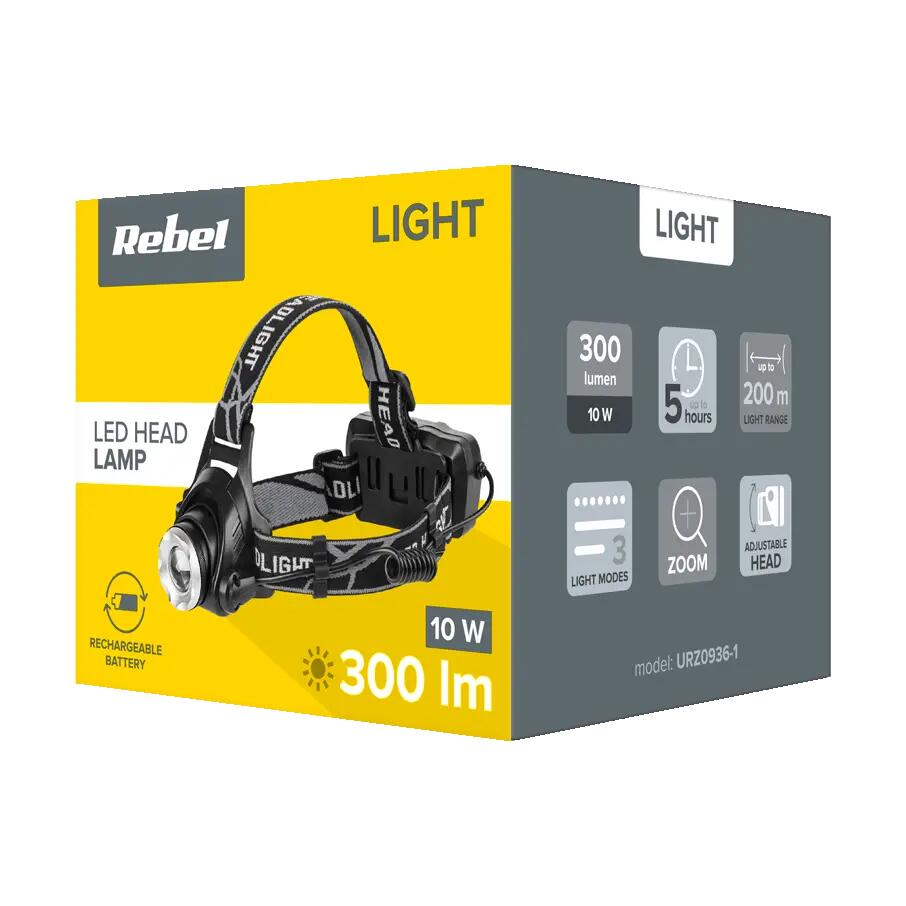 Akumulatorowa latarka czołowa 10W zoom aluminium Rebel 300 lm zasięg 200 m 5/5
