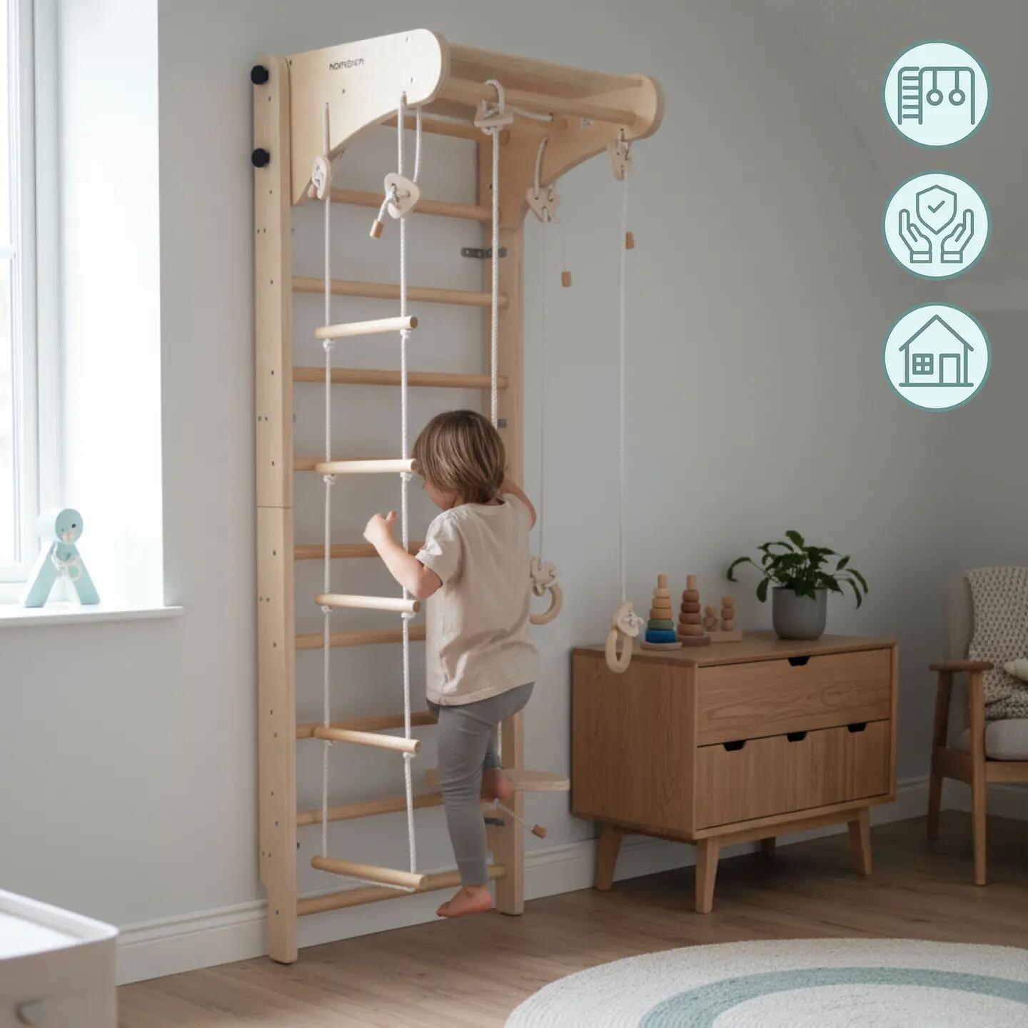 Dětská gymnastická žebřina Mamabrum s houpačkou a kruhy a lanovým žebříkem 5/10