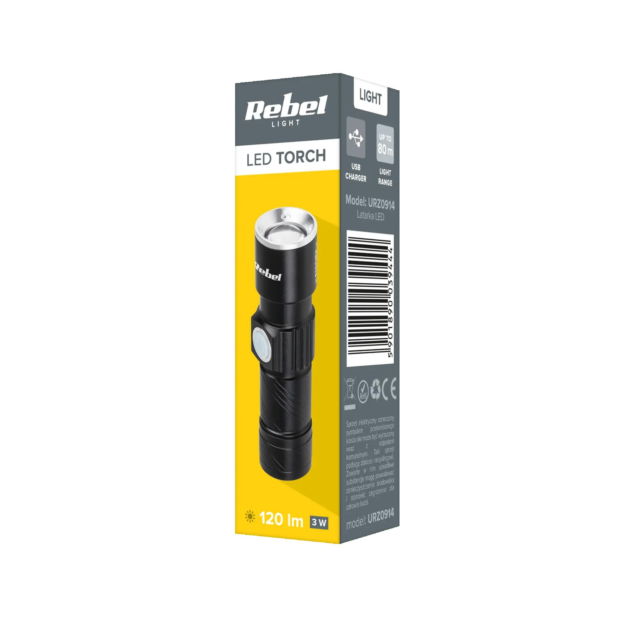 Latarka LED 3W zasięg 80 m akumulator 350mAh 120lm aluminiowa Rebel 3/3