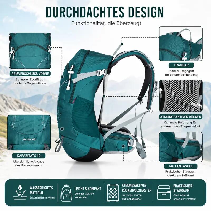 Wander Rucksack 30 Liter viel Stauraum, hoher Tragekomfort Trekking 4/6