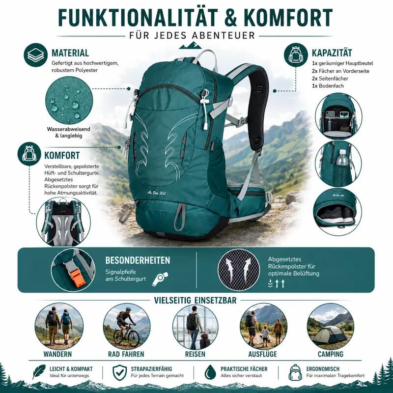 Wander Rucksack 30 Liter viel Stauraum, hoher Tragekomfort Trekking 2/6