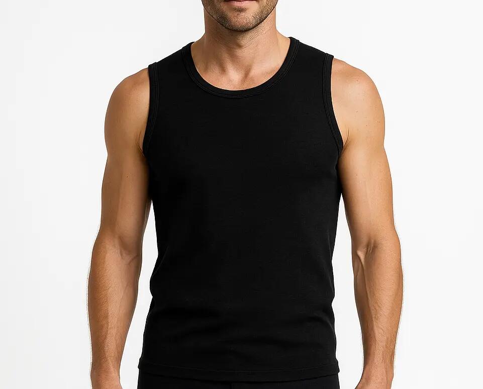 Thermo Fleece Mens 100% Pure Merino Wool Singlet Thermal Underwear - Black - X-S