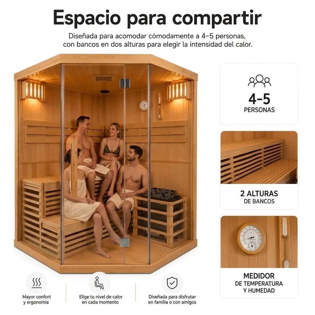 Sauna Finlandais d’Angle pour 4-5 Personnes en Bois Hemlock Canadien 6/7