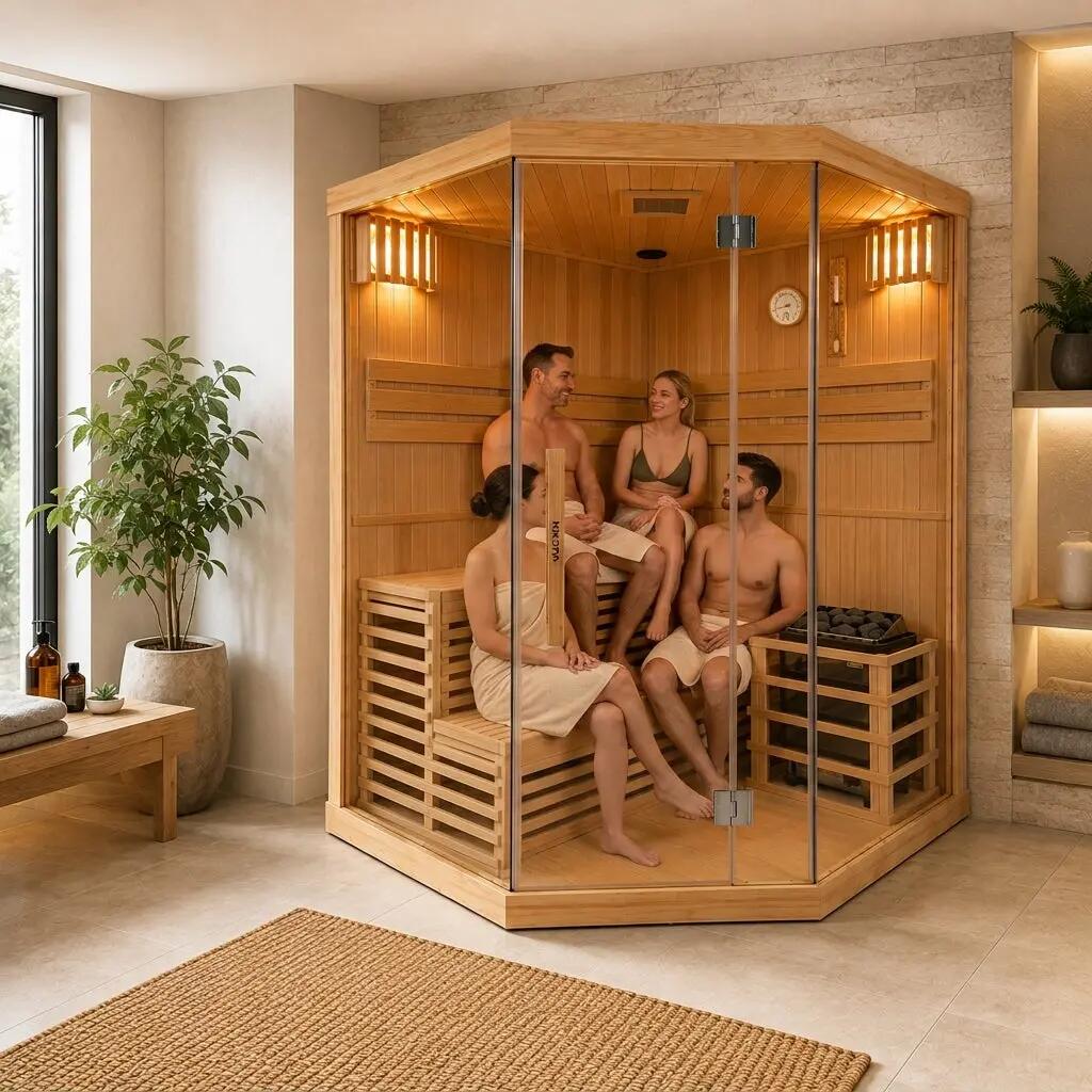 Sauna Finlandais d’Angle pour 4-5 Personnes en Bois Hemlock Canadien 3/7