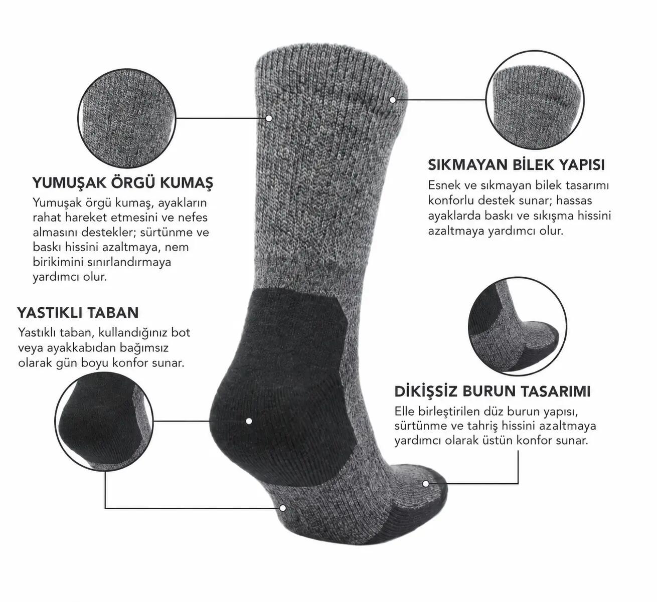 Bambu ve Merino Yünlü Sıkmayan Bilekli Minderli Outdoor Yürüyüş Çorabı - ALFIE 2/5
