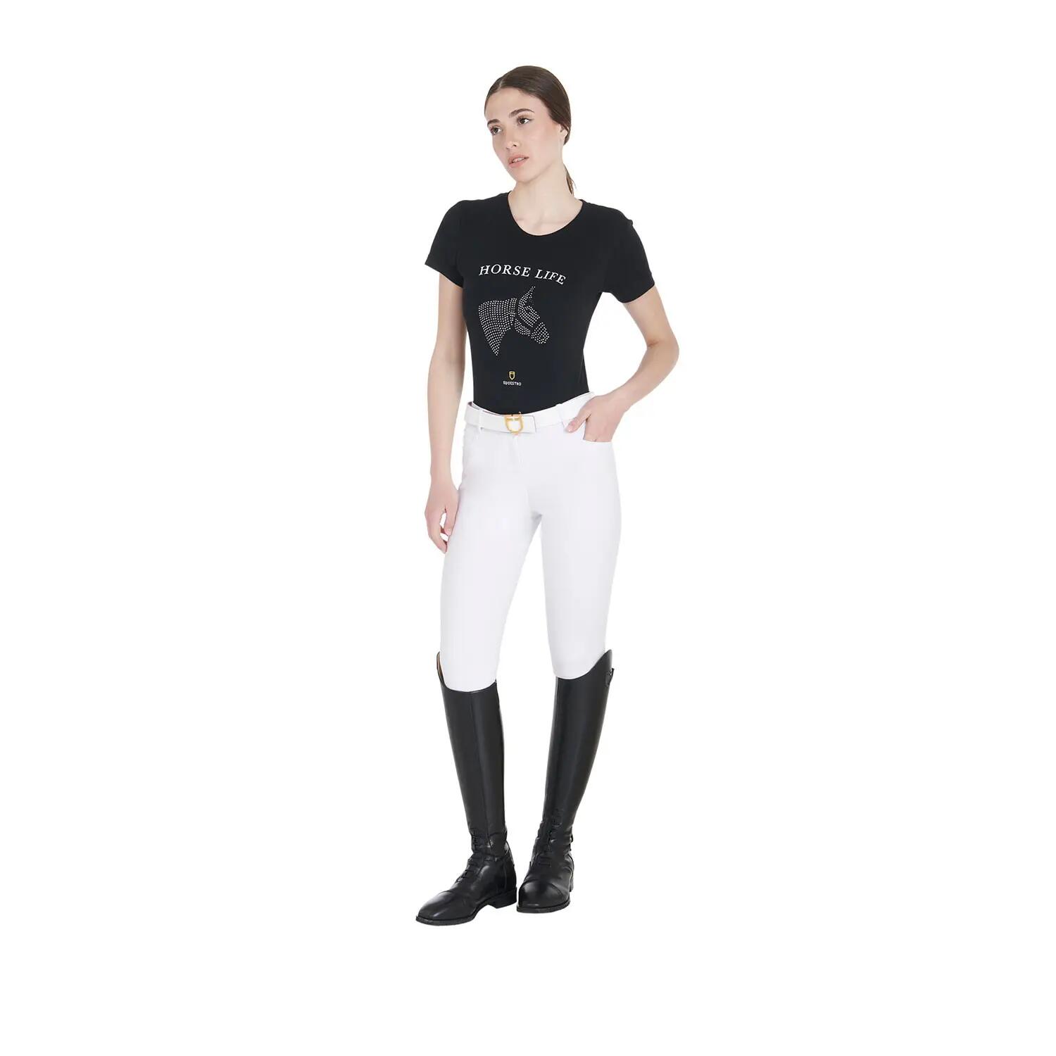 Damska koszulka slim fit z motywem koni i dżetami 3/4