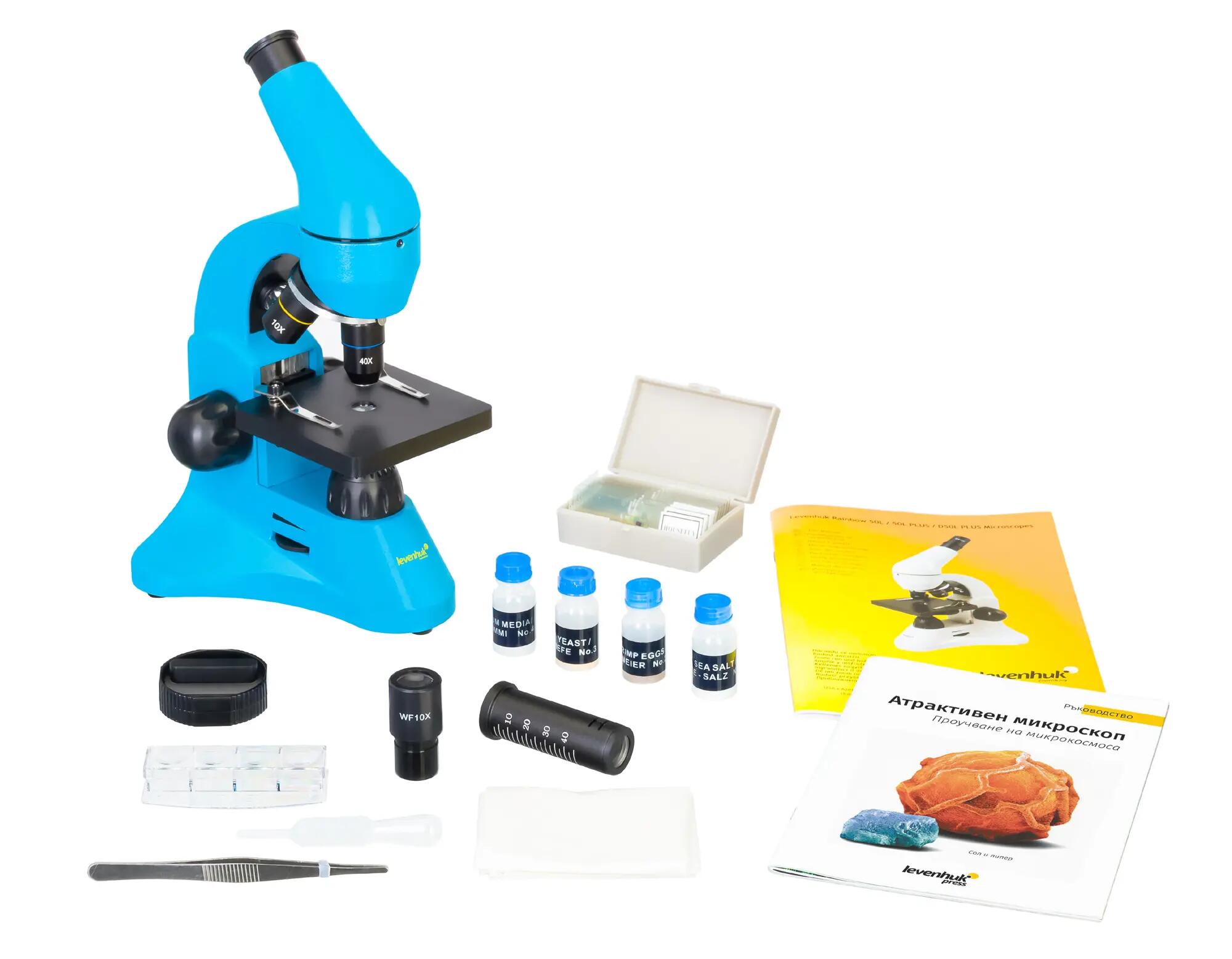 Microscopio Levenhuk Rainbow 50L Azzuro con libro in bulgaro 5/15