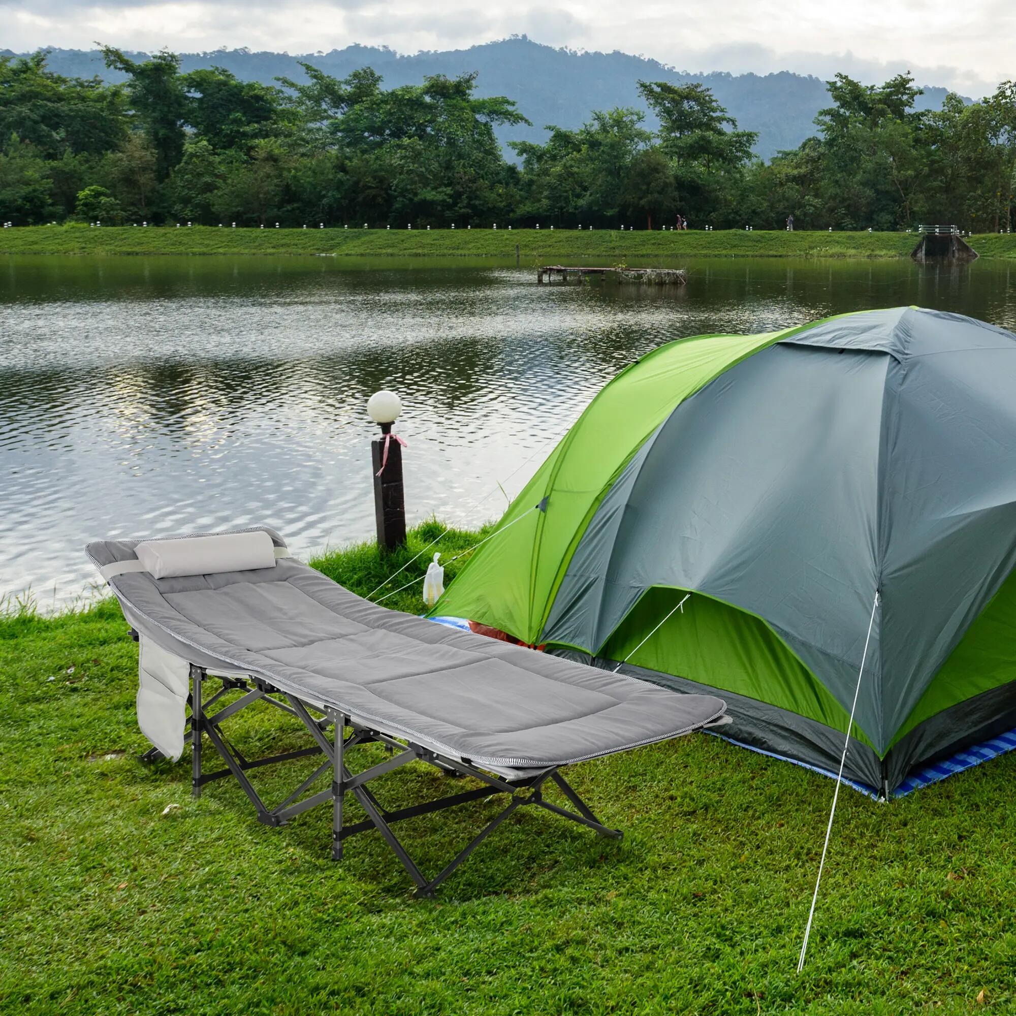 Lit camp pliable matelassé poche rangement gris clair 4/6