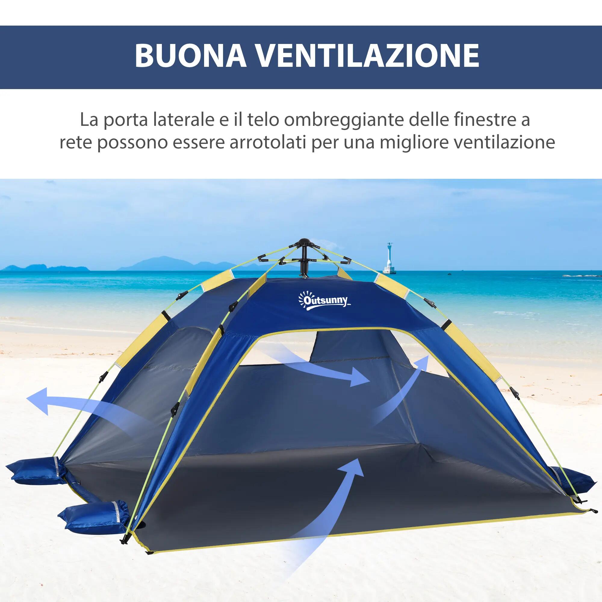 Tente de plage camping 2 personnes, polyester et fibre de verre, bleu et jaune 6/6