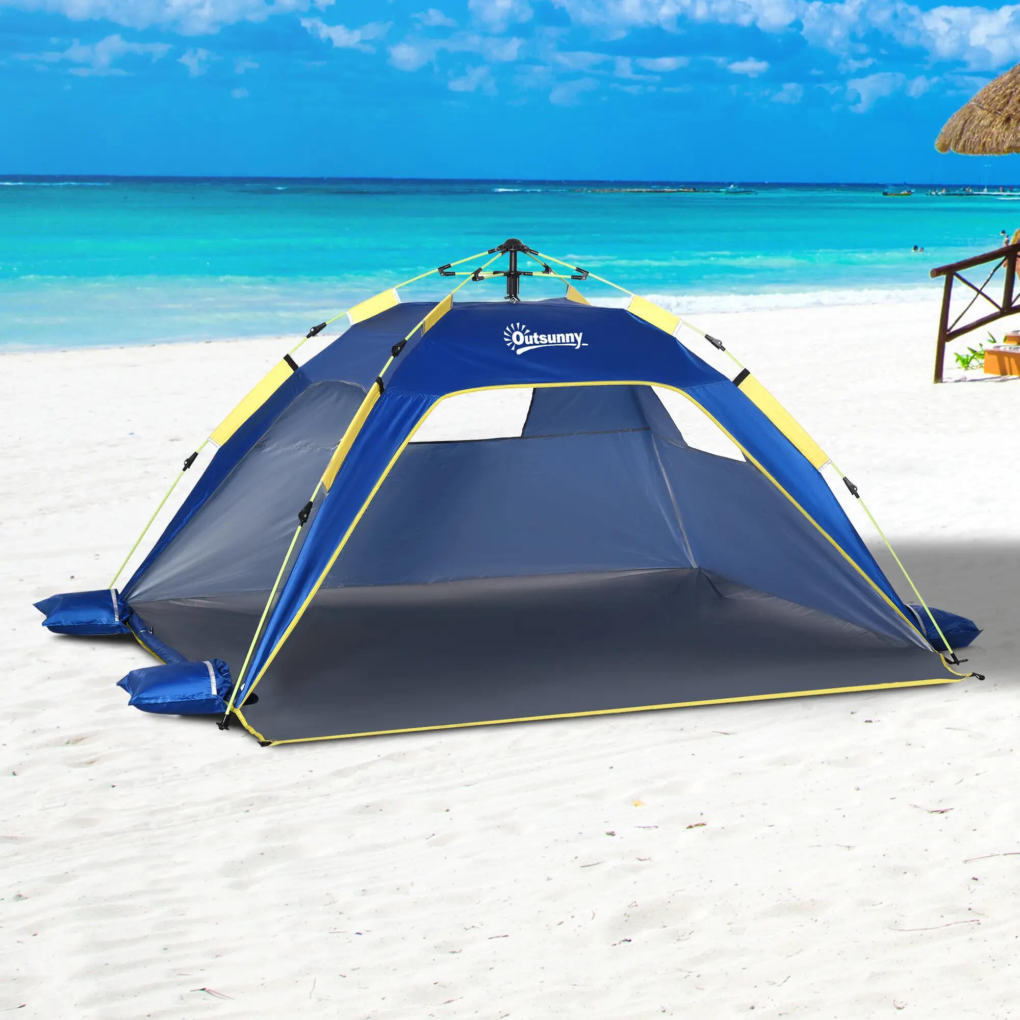 Tente de plage camping 2 personnes, polyester et fibre de verre, bleu et jaune 4/6