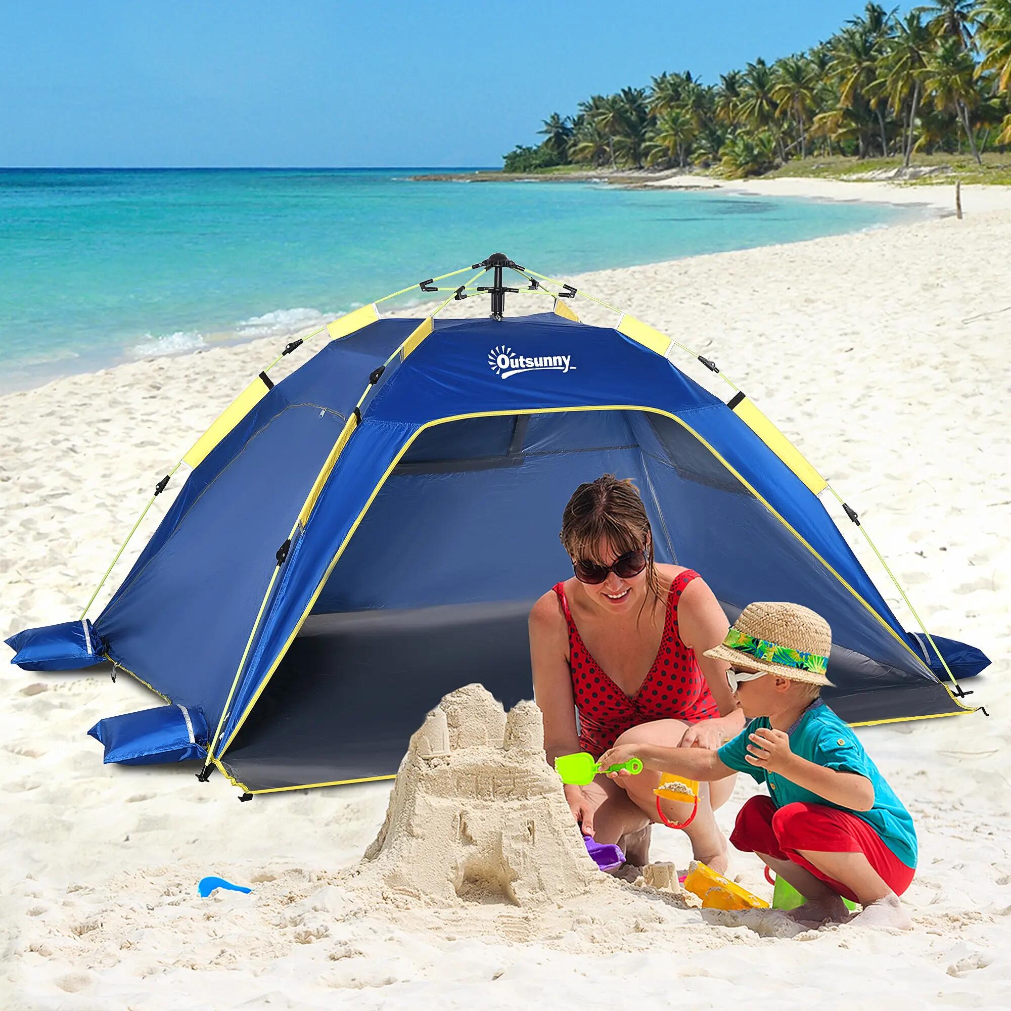 Tente de plage camping 2 personnes, polyester et fibre de verre, bleu et jaune 3/6