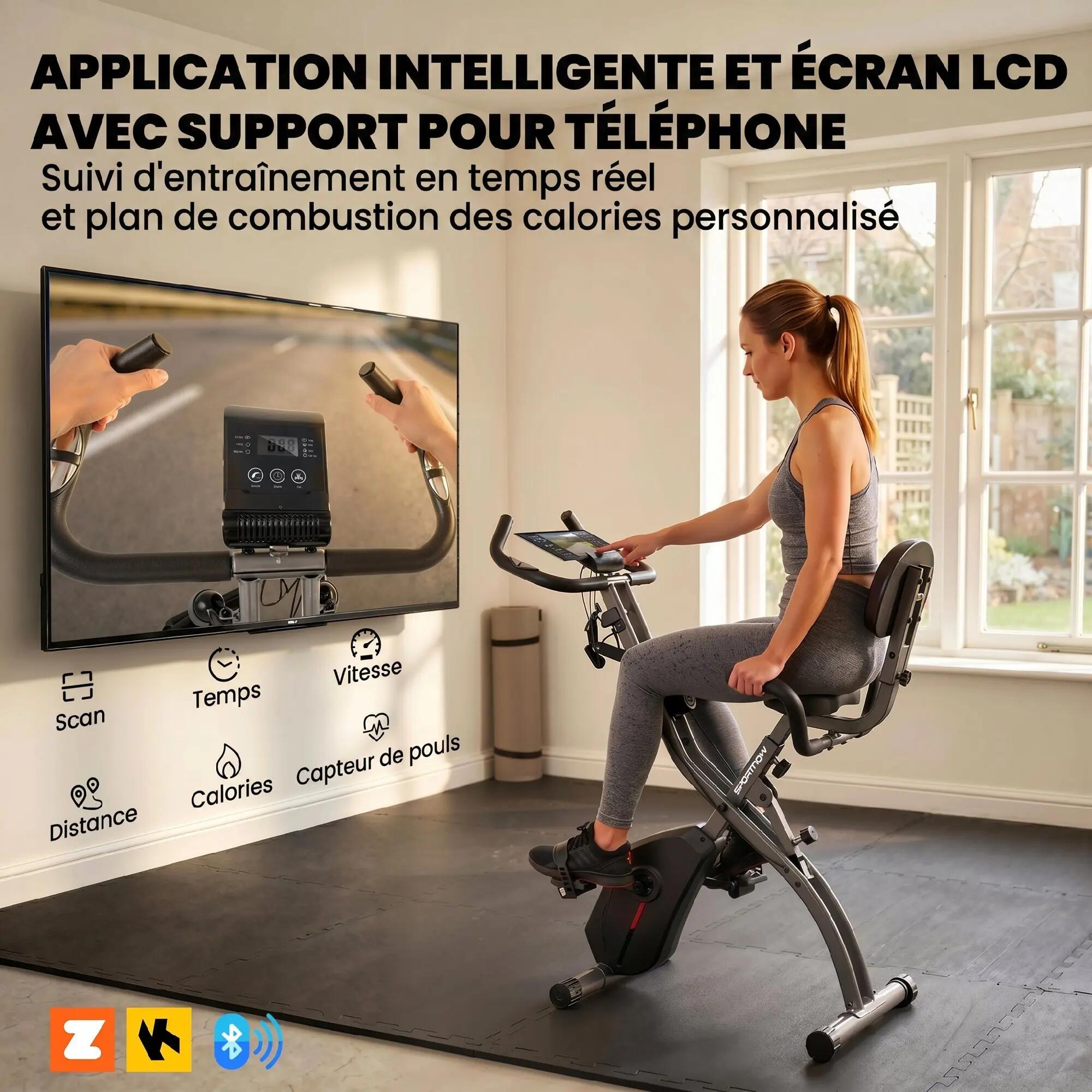 Vélo d'exercice pliable 3 en 1 avec bandes de résistance, application Bluetooth, 7/9
