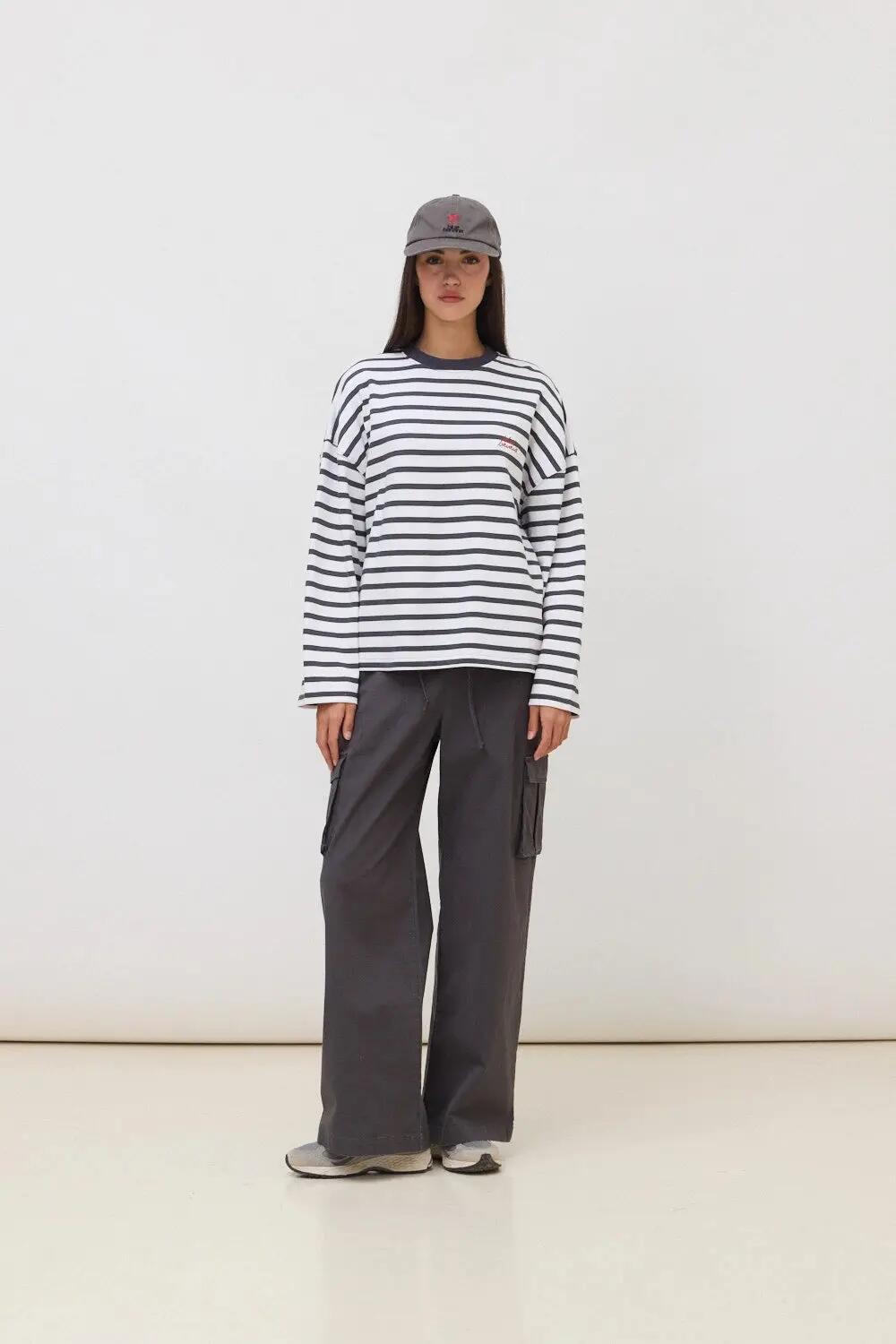Sudadera de Mujer Blue Banana de 100% Algodón Orgánico Stripes Antracita 3/4