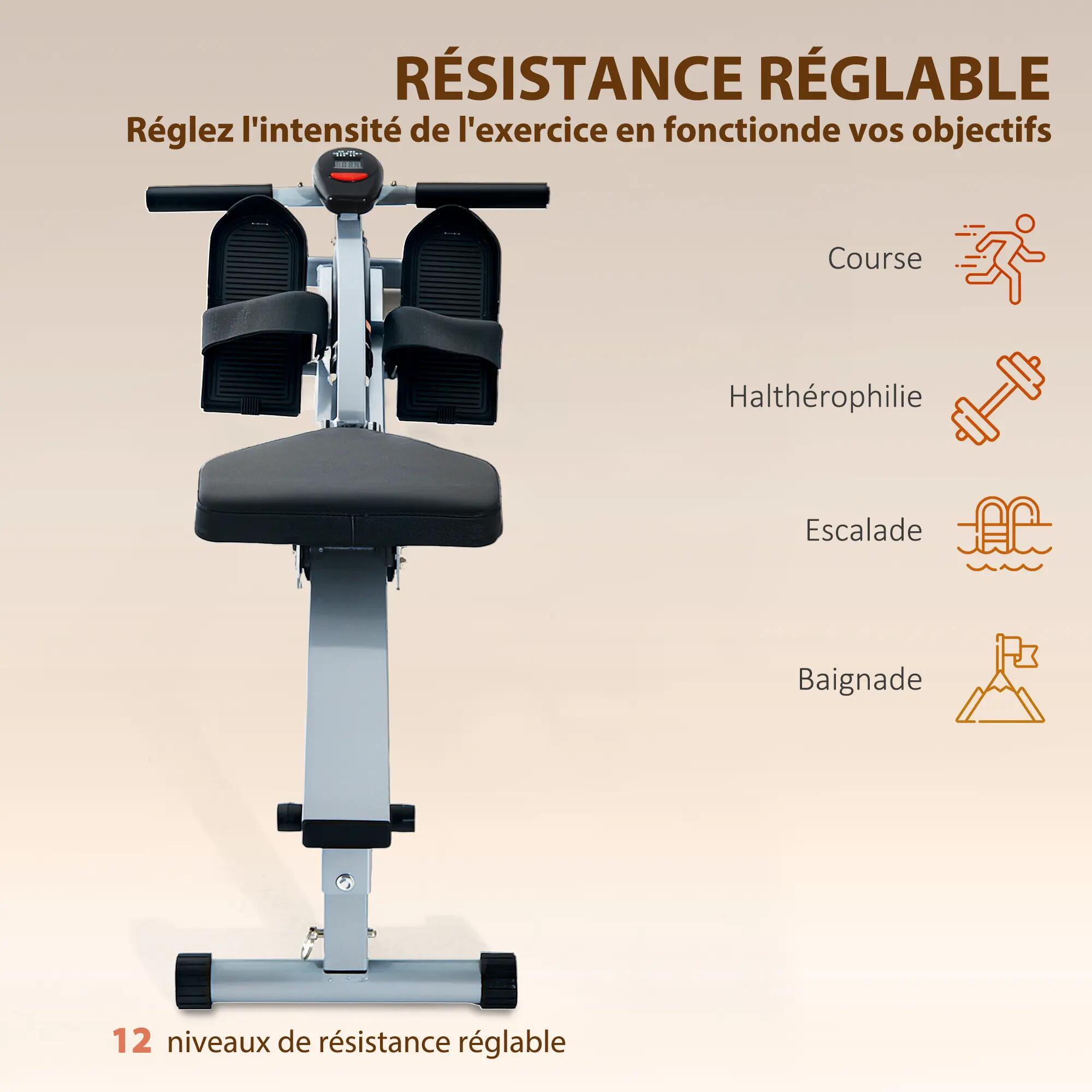 Rameur hydraulique à 12 niveaux de résistance, rameur d'appartement avec écran 6/9