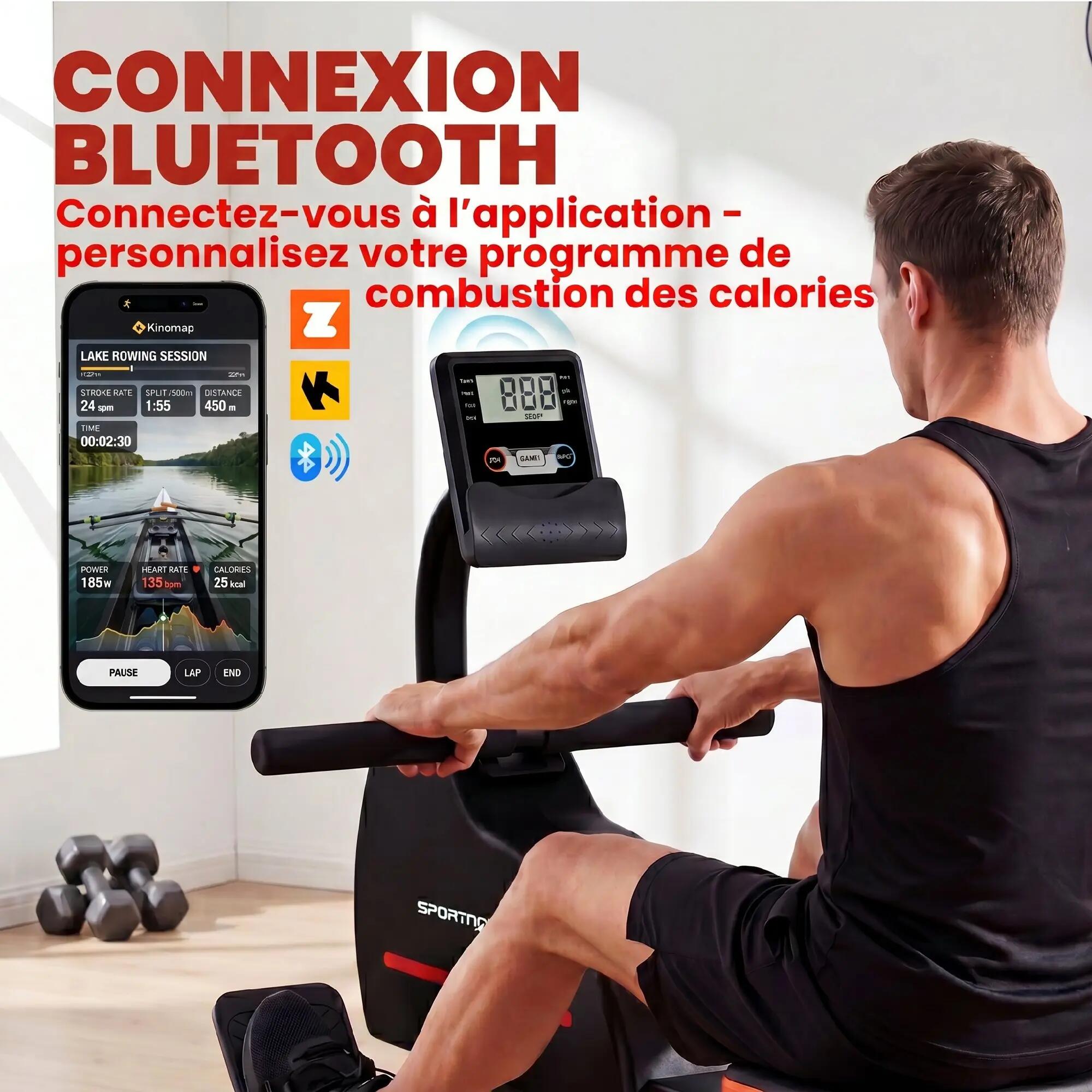 Rameur Magnétique Appareil de Musculation Bluetooth Connecté Kinomap & Zwift 16 6/9