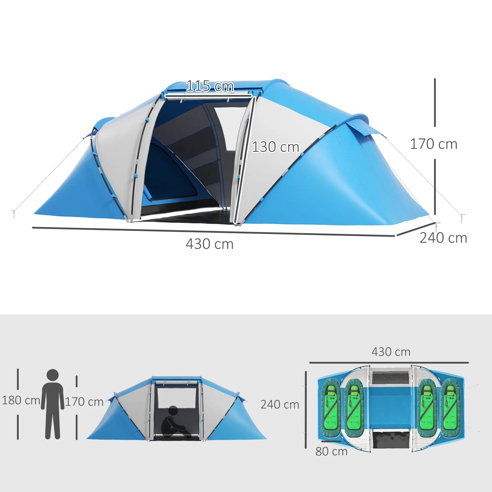 Tente de camping - tunnel 4 places, 2 couchages - blanc et bleu 5/6