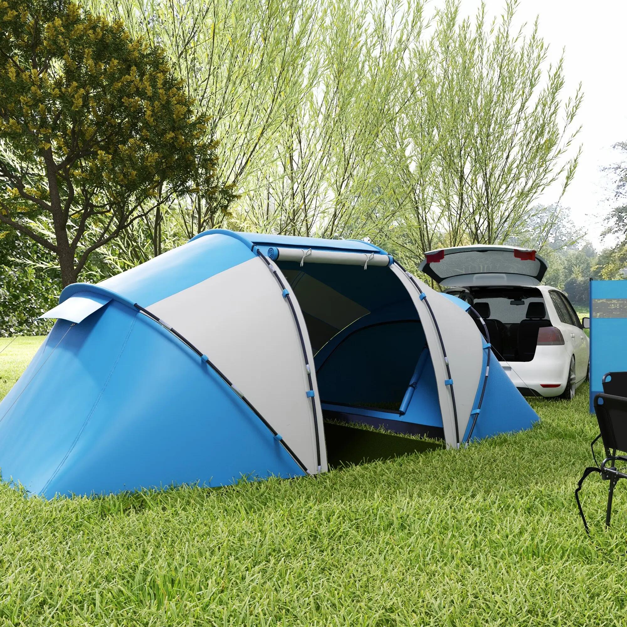 Tente de camping - tunnel 4 places, 2 couchages - blanc et bleu 4/6