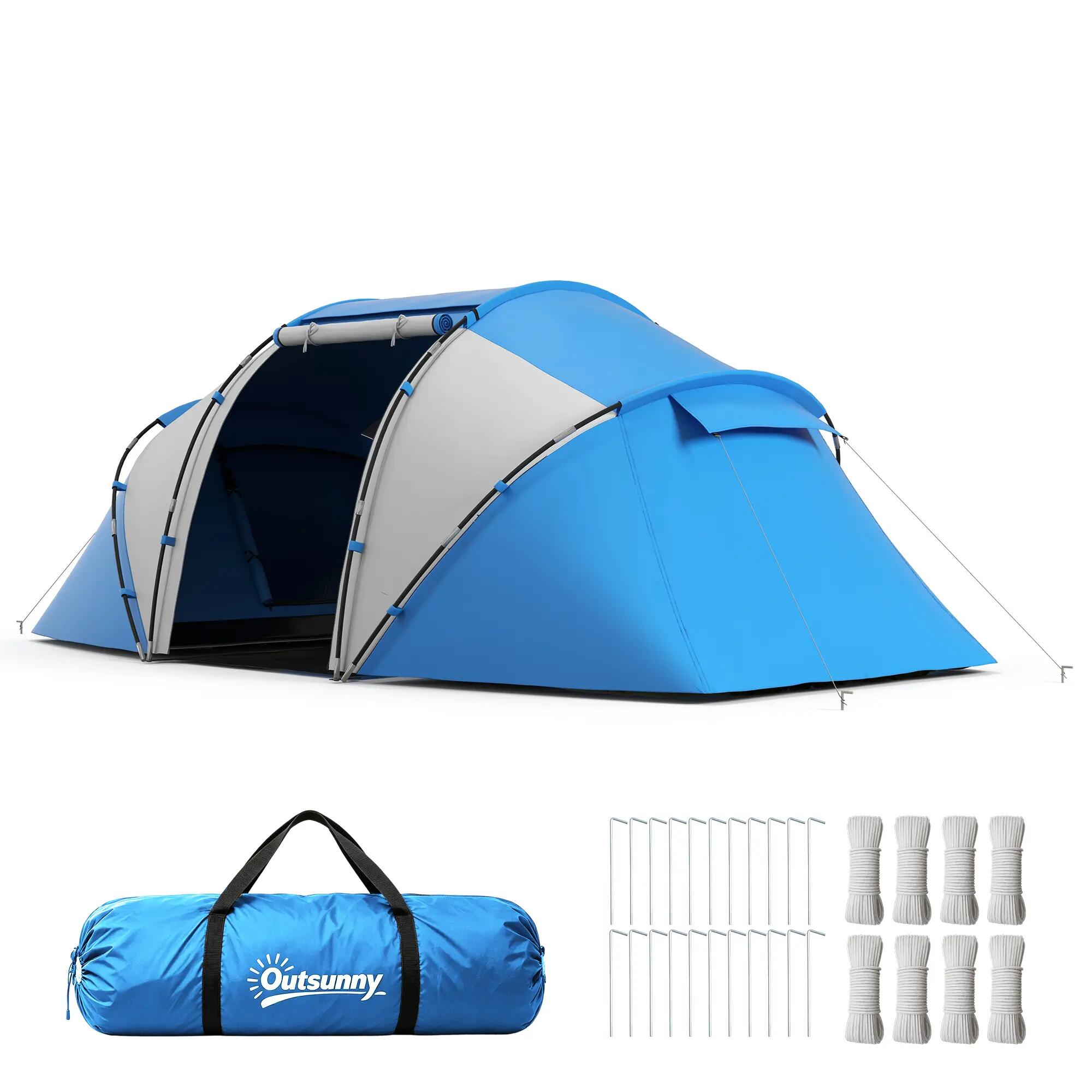 Tente de camping - tunnel 4 places, 2 couchages - blanc et bleu 2/6