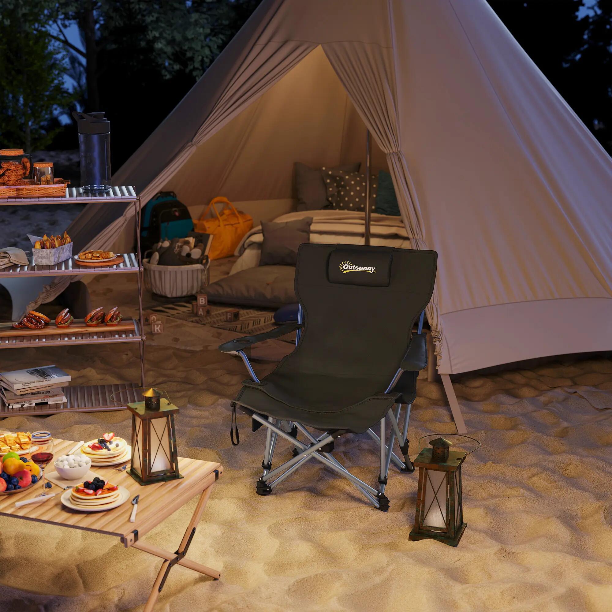 Chaise camping pliante repose-pieds appui-tête gobelet noire 4/6