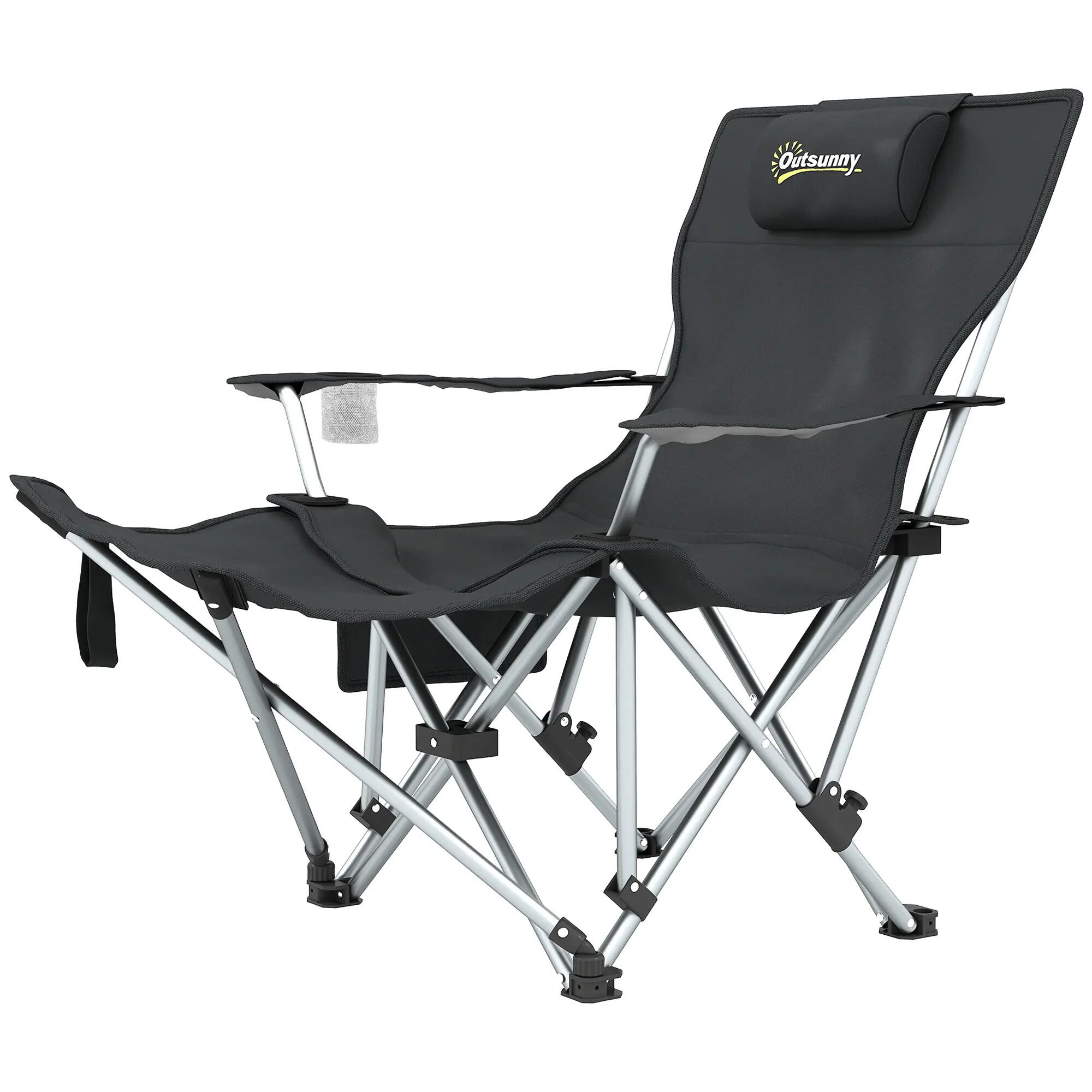 Chaise camping pliante repose-pieds appui-tête gobelet noire 2/6