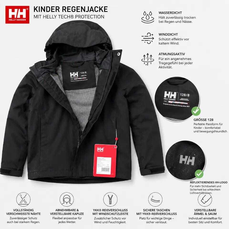 Juniors' Seven J Kinder Regenjacke Helly Hansen Schwarz Gr. 128 3/3