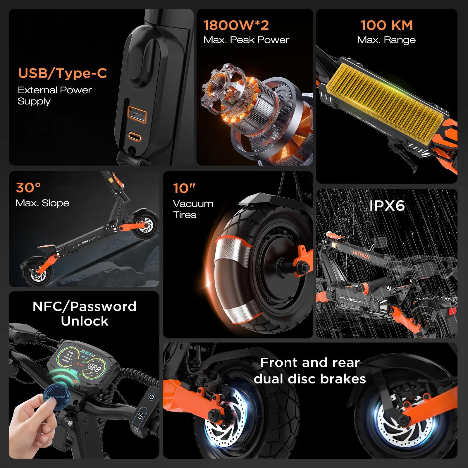 Hulajnoga elektryczna 2x1800W podwójny silnik, 100 km, NFC, H11 8/14