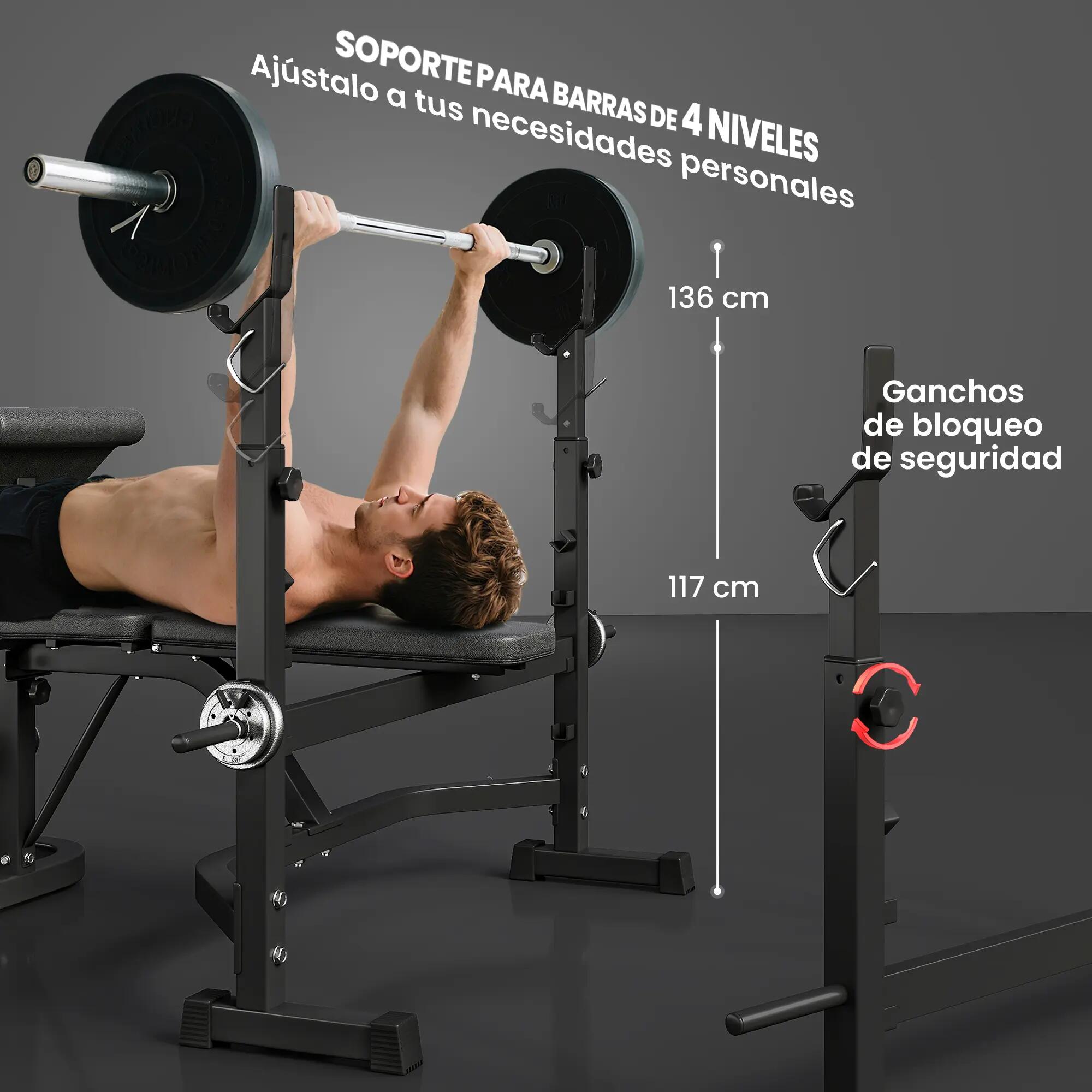 Banc de musculation multifonctionnel avec dossier inclinable et support pour 7/9
