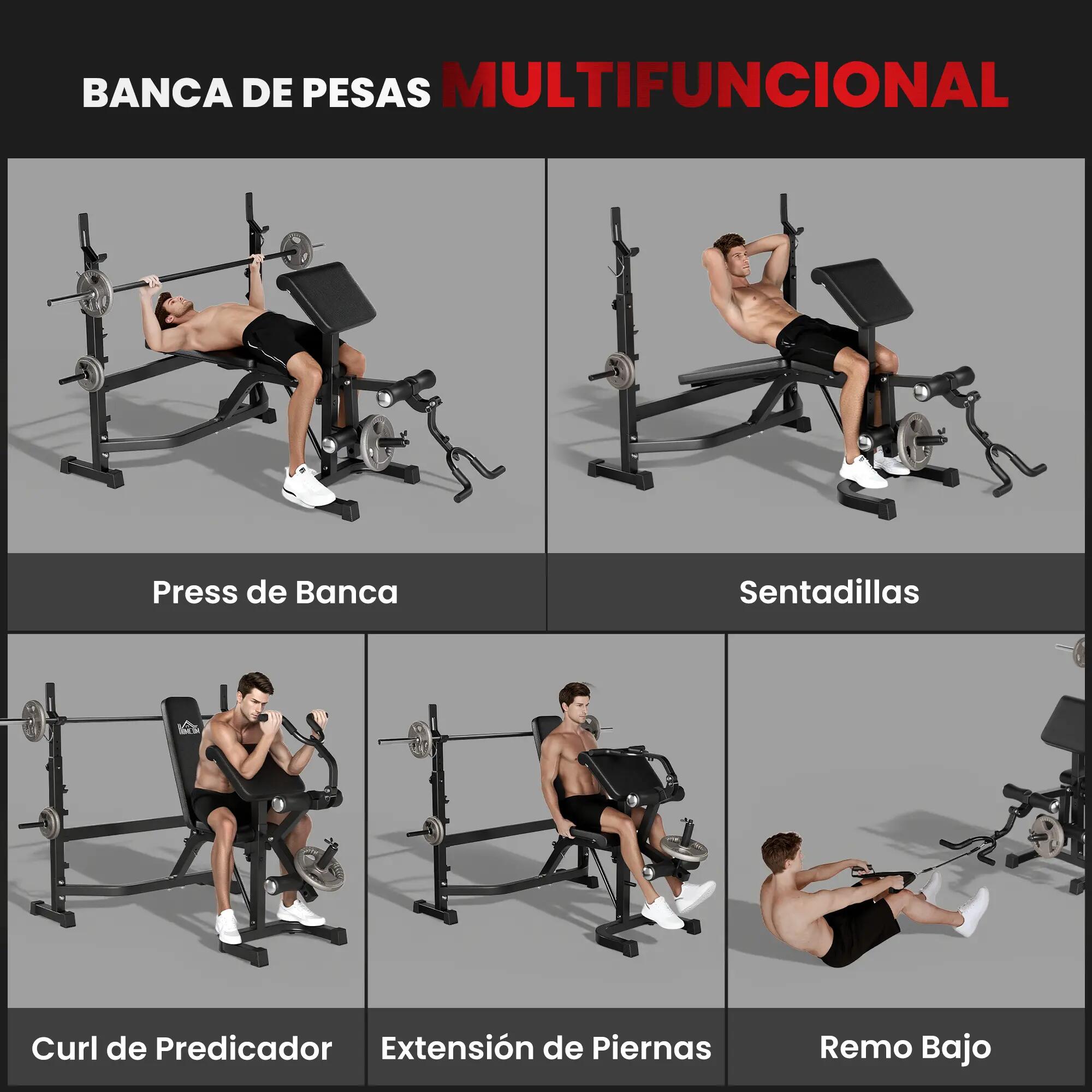 Banc de musculation multifonctionnel avec dossier inclinable et support pour 6/9
